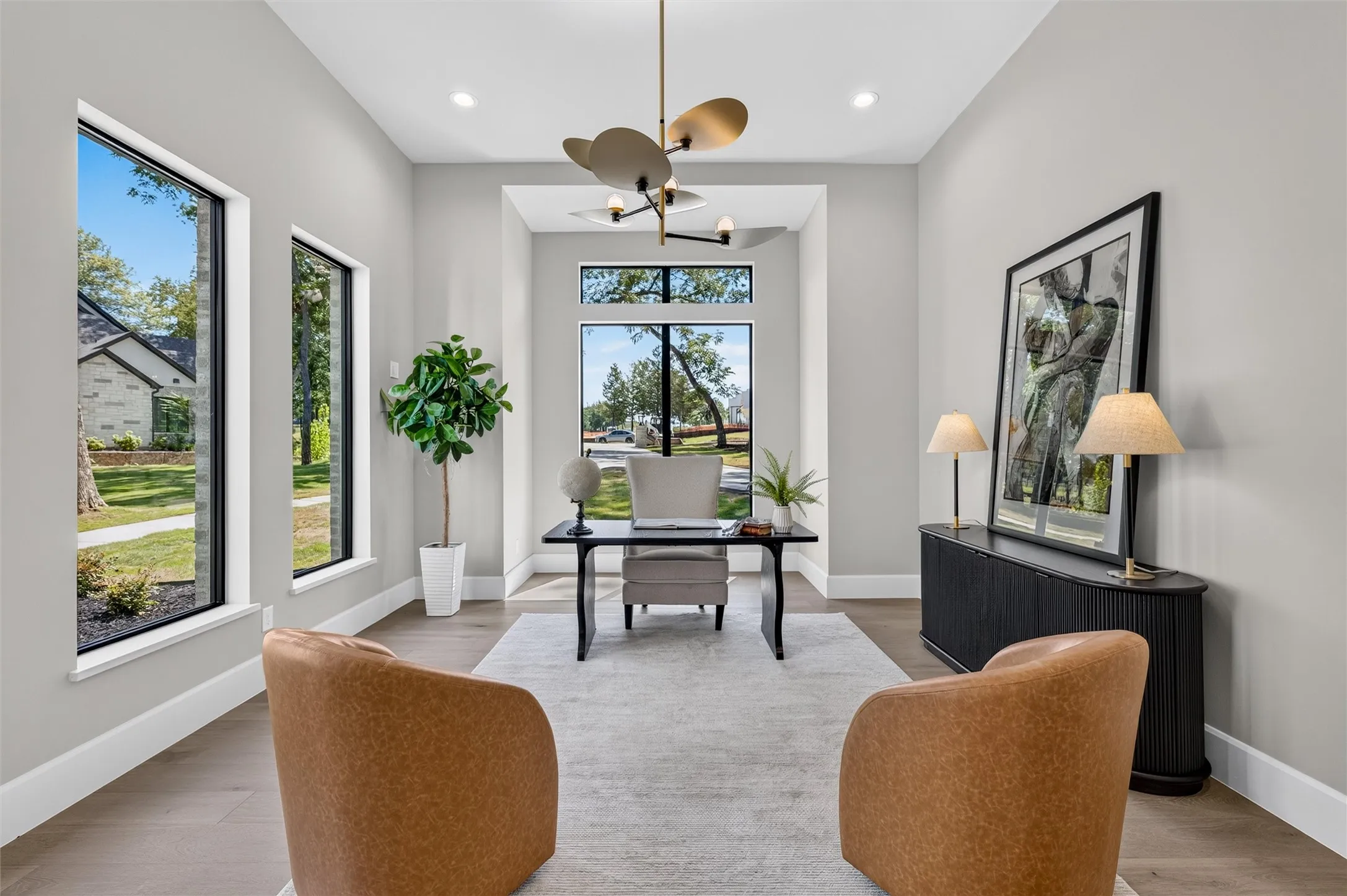 Spacious office drenched in natural light.