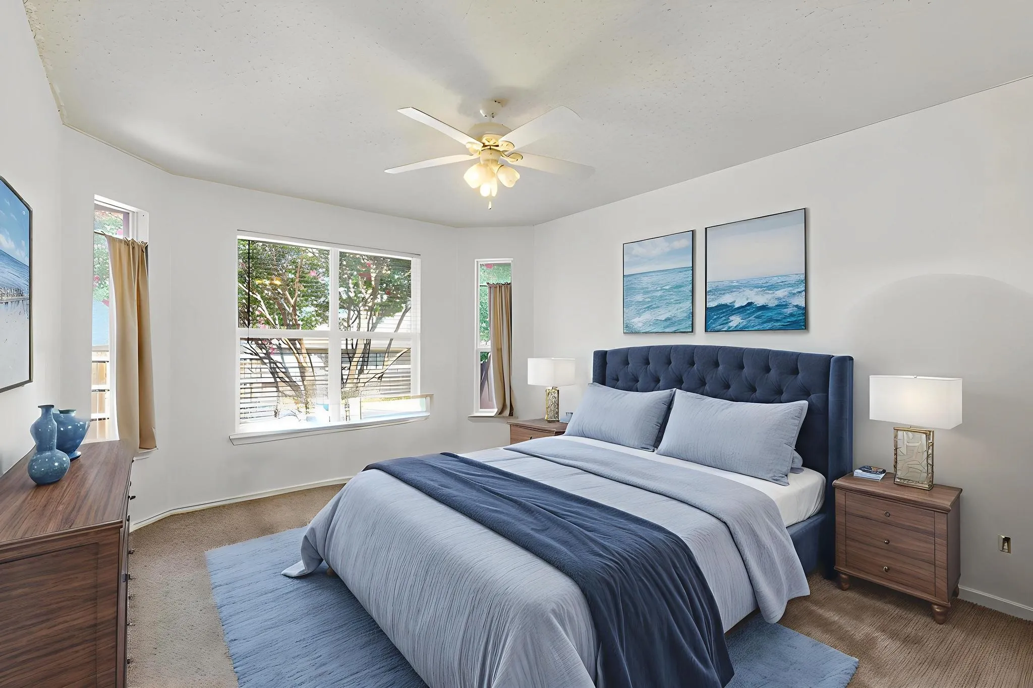 Bedroom with carpet and a ceiling fan  *Virtually staged