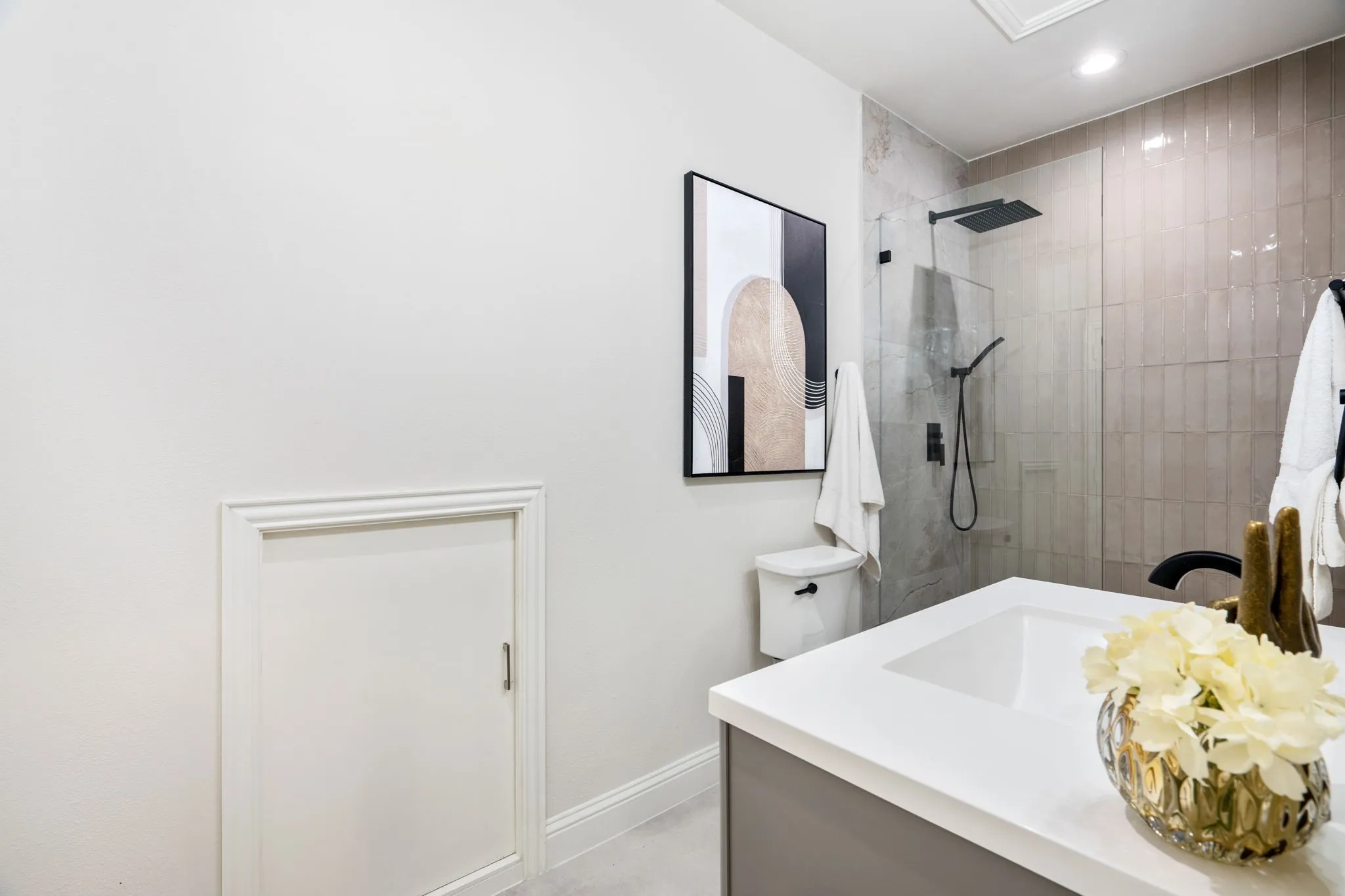 Full bath with vanity, walk in shower, and recessed lighting