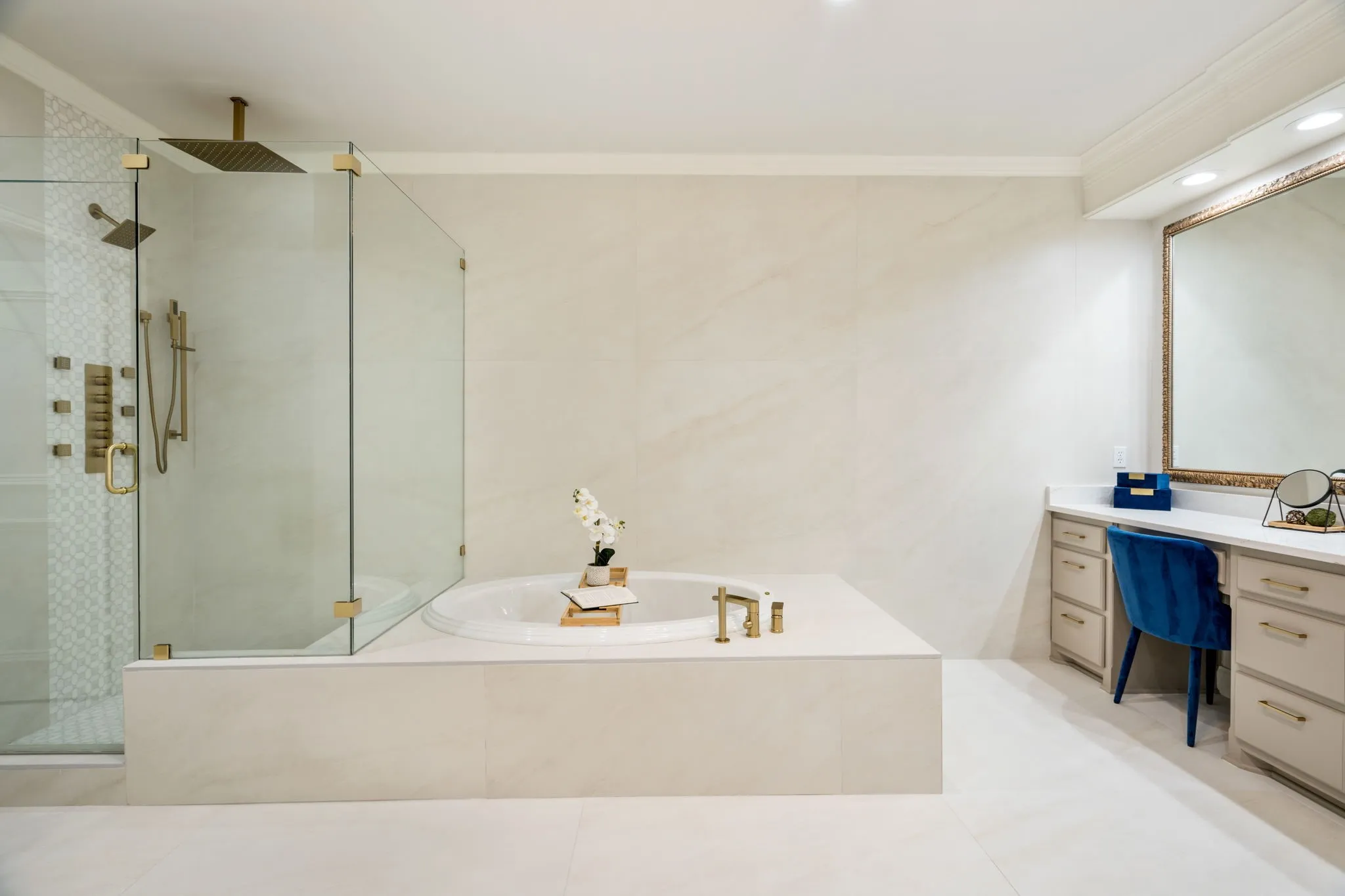 Bathroom featuring a stall shower, crown molding, vanity, a bath, and recessed lighting