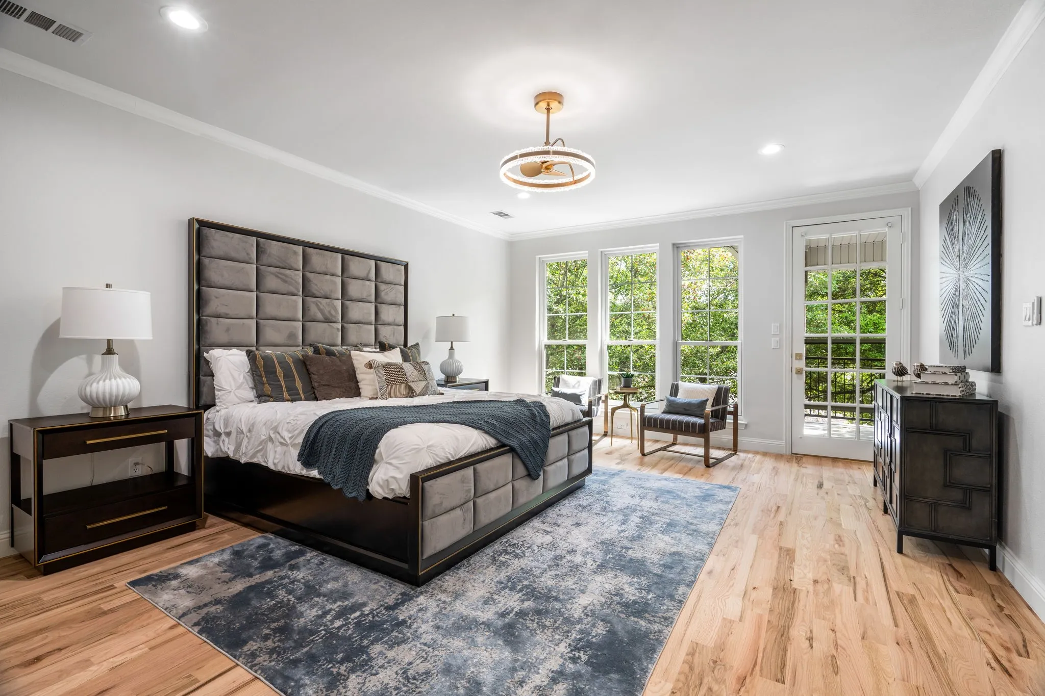 Bedroom featuring crown molding, access to outside, light wood-style floors, and recessed lighting