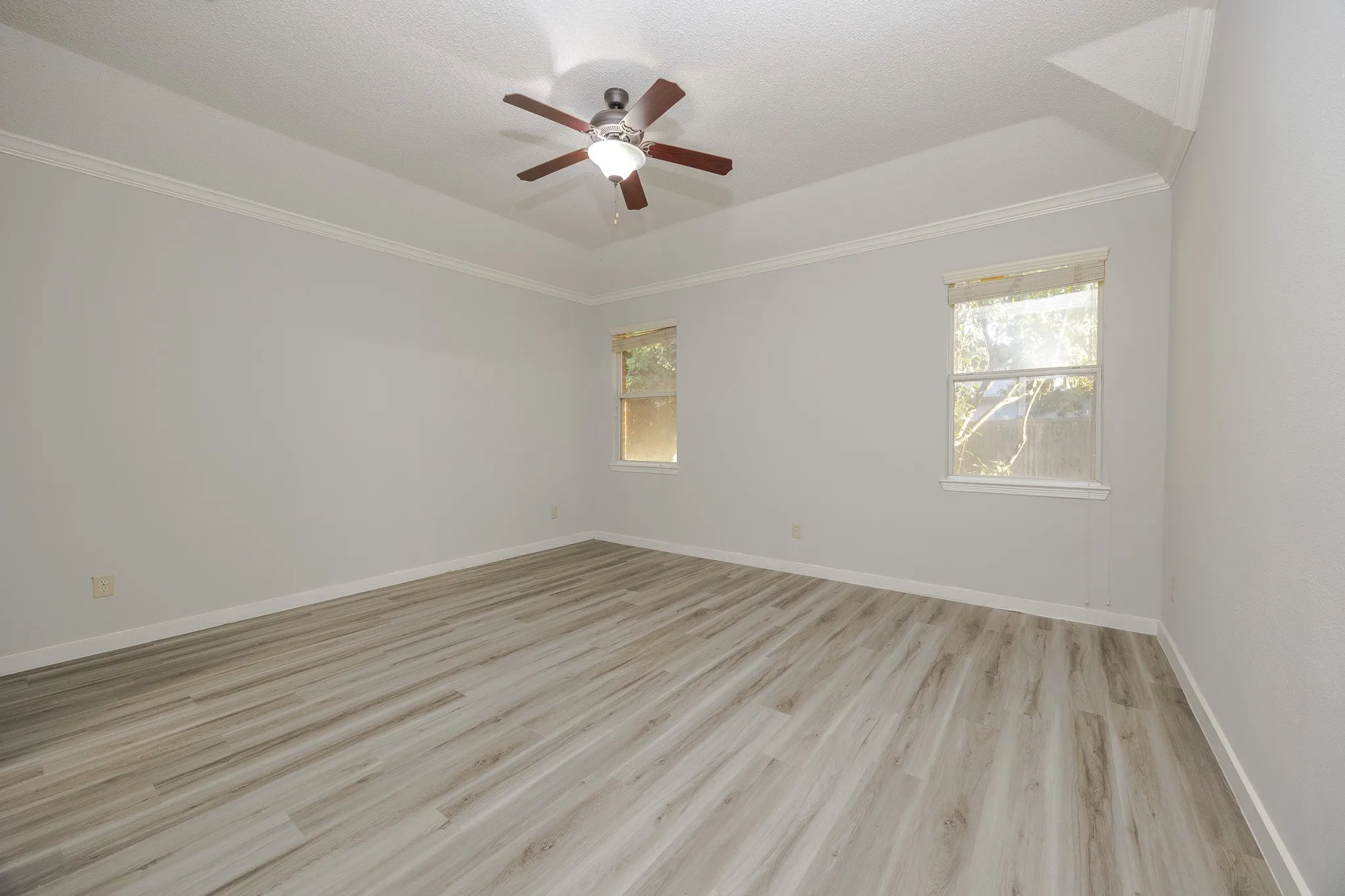 Tray ceiling with crown molding, wood-finish flooring, two windows, and a ceiling fan with integrated lighting