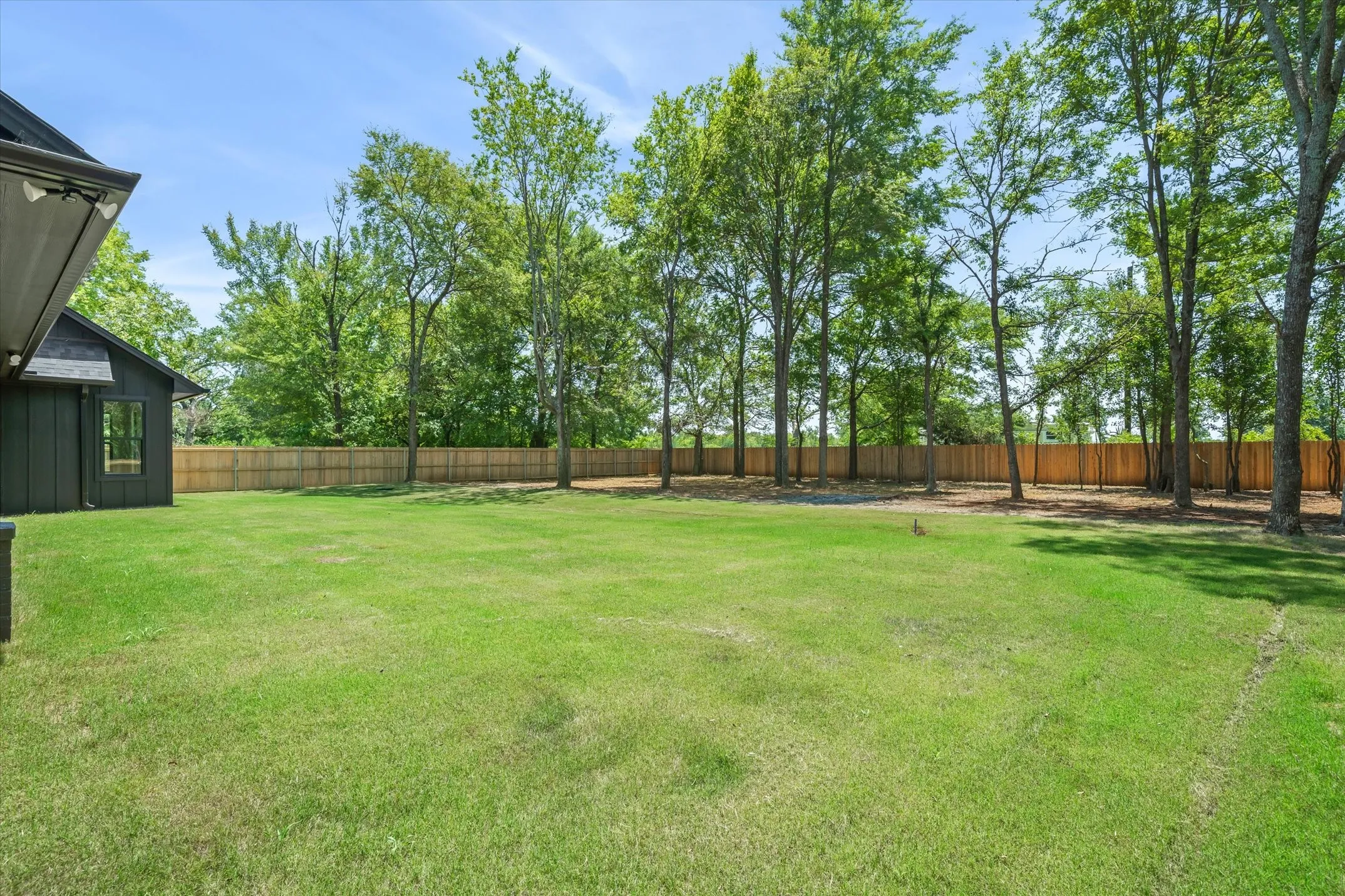 Expansive green lawn with a privacy fence and mature trees along the perimeter