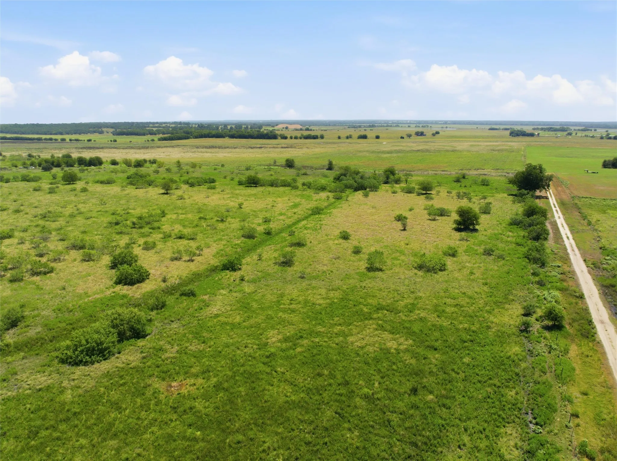Expansive open acreage featuring green pastureland, scattered natural vegetation, and a clear sky above