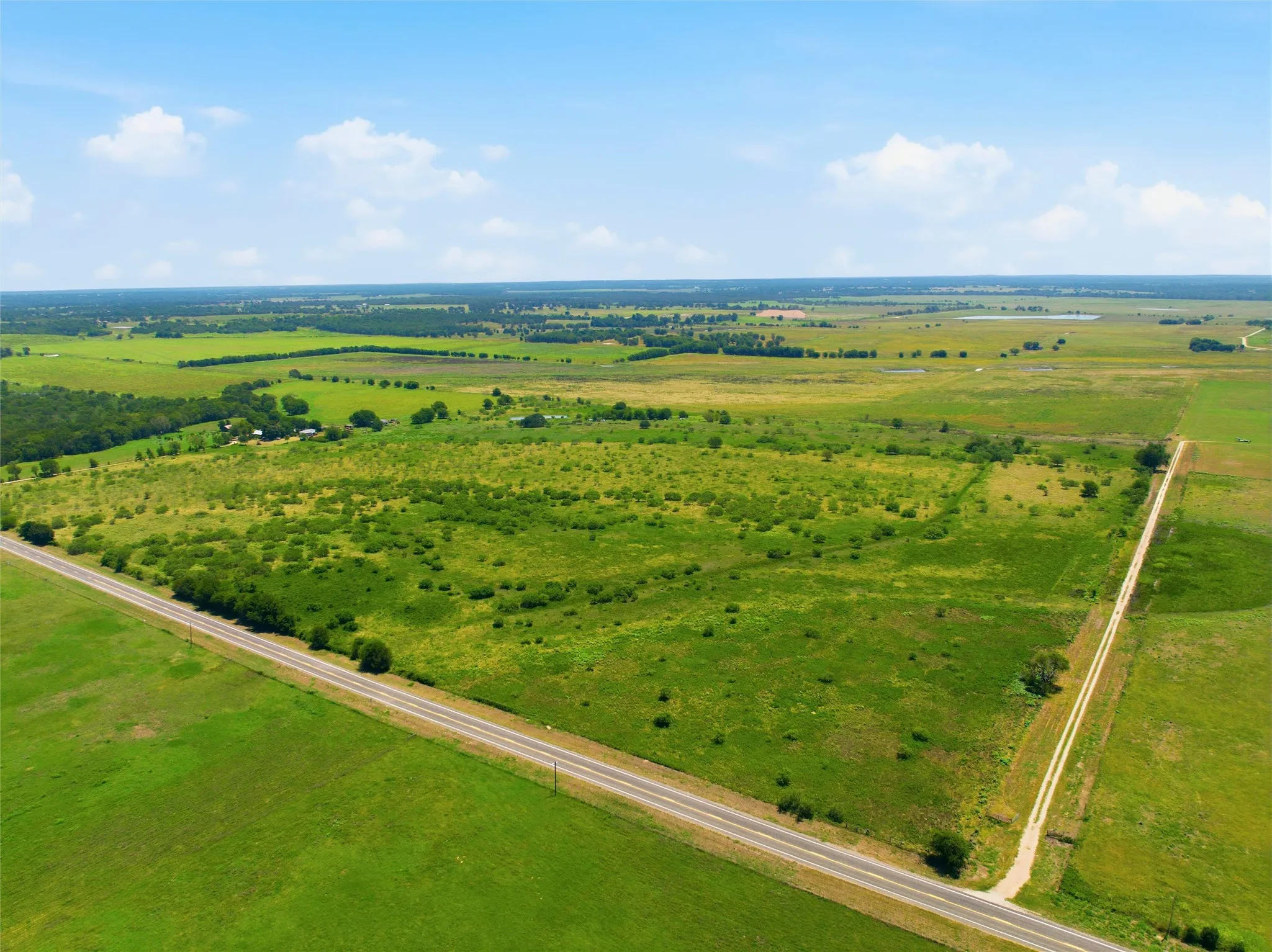 Expansive parcel featuring a paved road frontage, a secondary dirt road, and a mix of open green fields with scattered trees and brush
