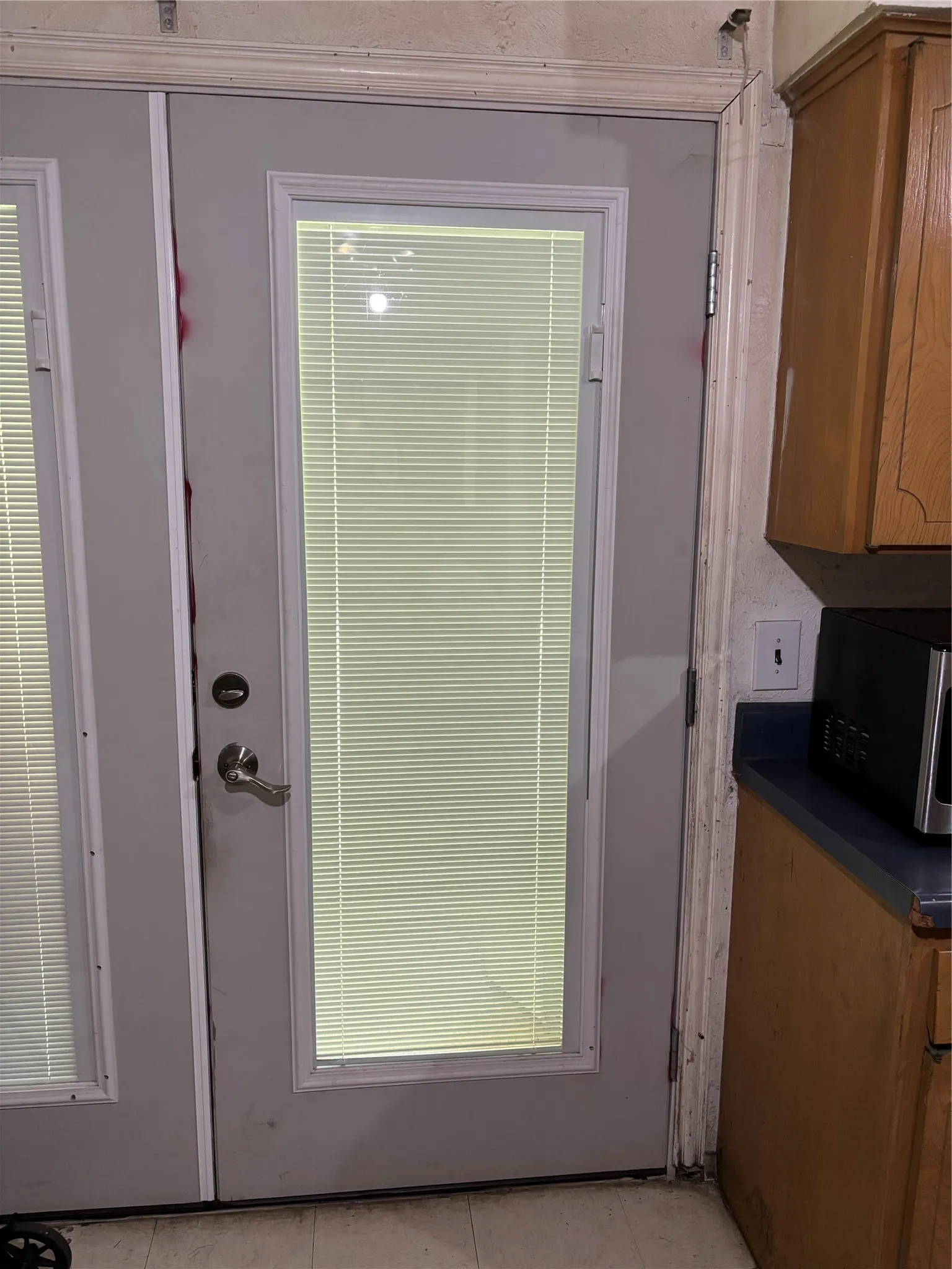 French doors featuring integrated blinds leading out to the backyard.