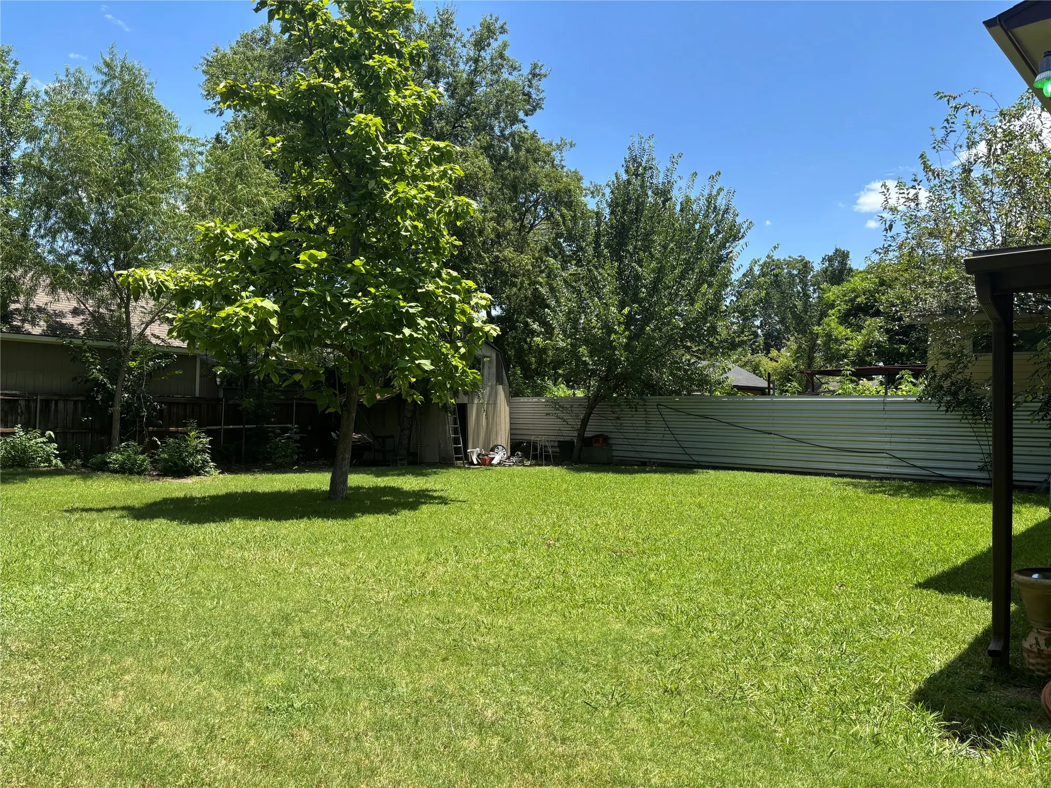 Expansive green lawn with mature trees providing natural shading