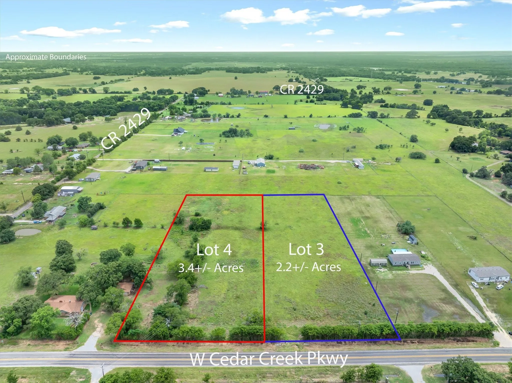 Expansive rural land parcels with direct frontage on W Cedar Creek Pkwy and CR 2429, offering significant road accessibility
