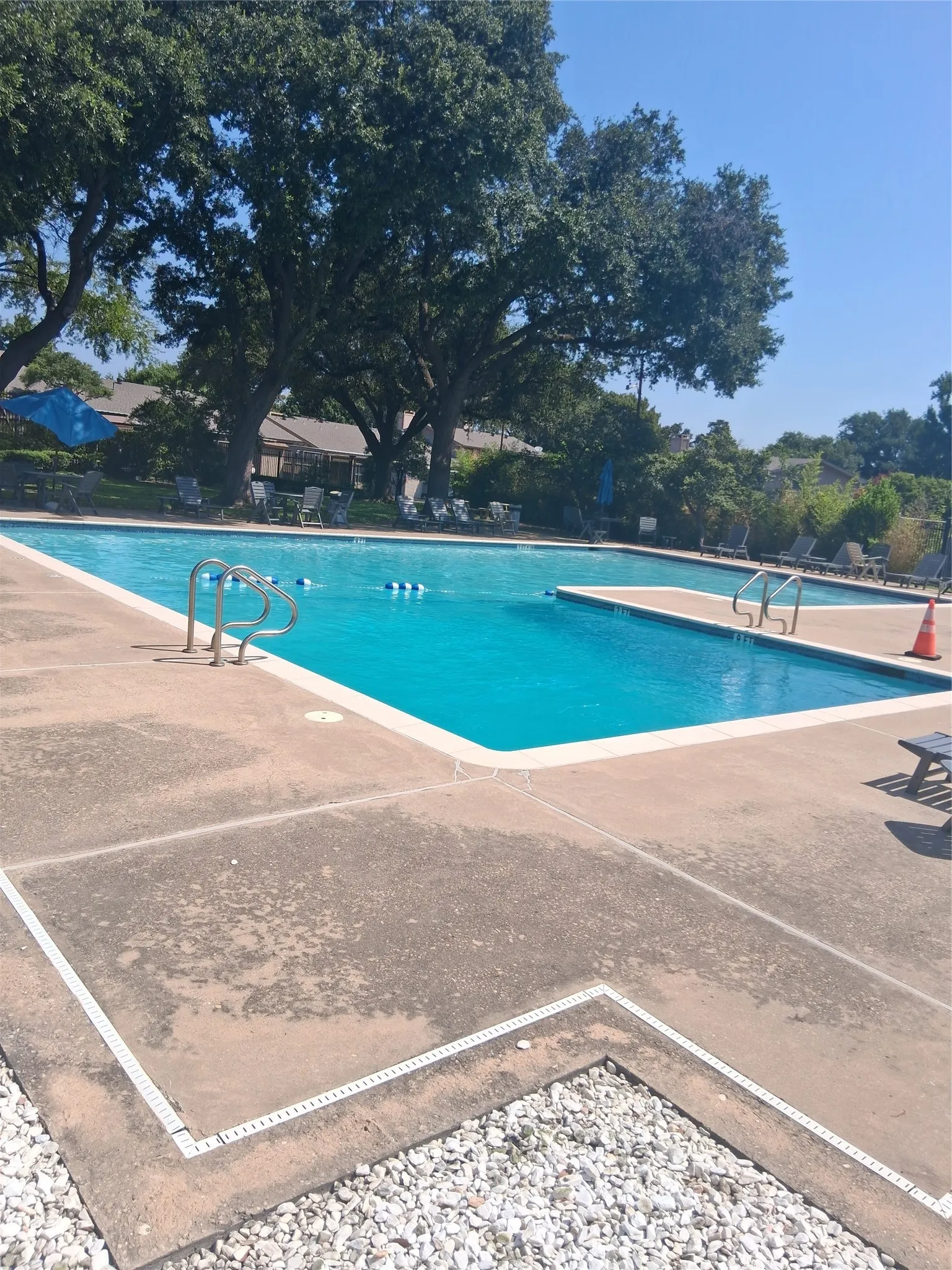Community swimming pool featuring a diving board, surrounding concrete patio, and mature trees