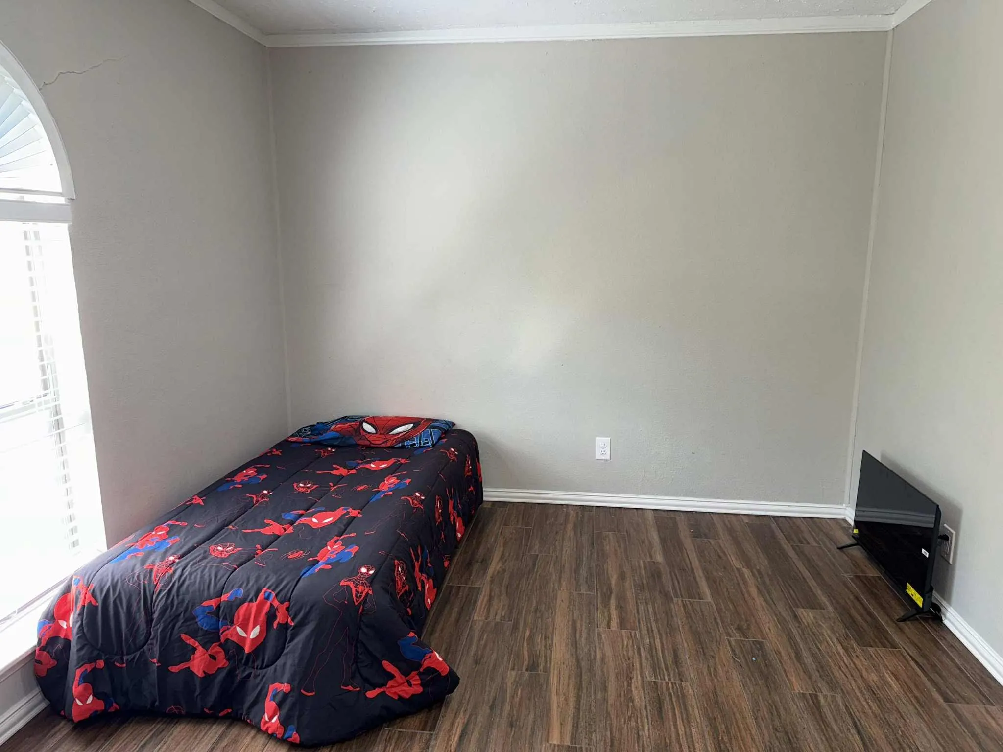 Room featuring wood-finish flooring, light neutral wall paint, and white trim
