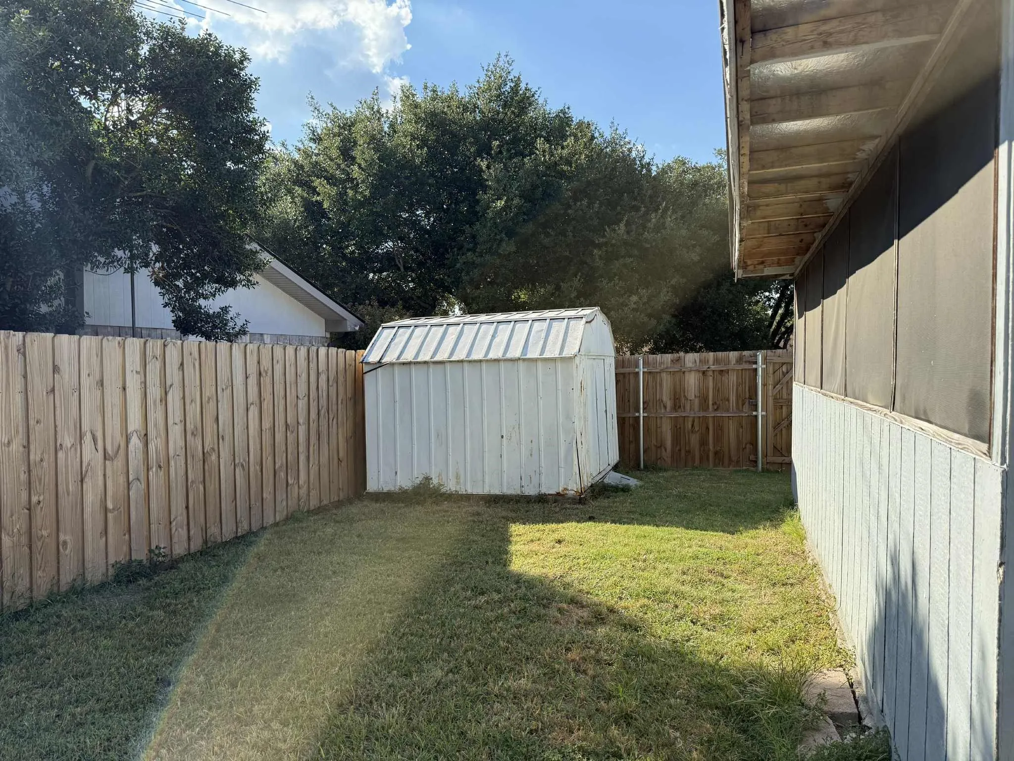 Fenced backyard featuring a white storage shed and manicured lawn