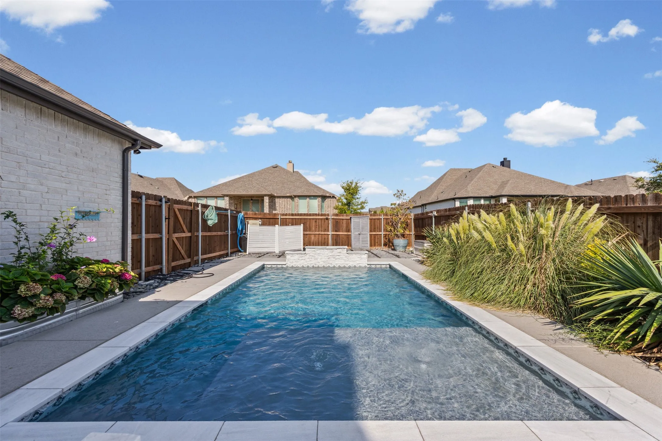 Rectangular swimming pool with a tile border, a surrounding concrete deck, and perimeter landscaping