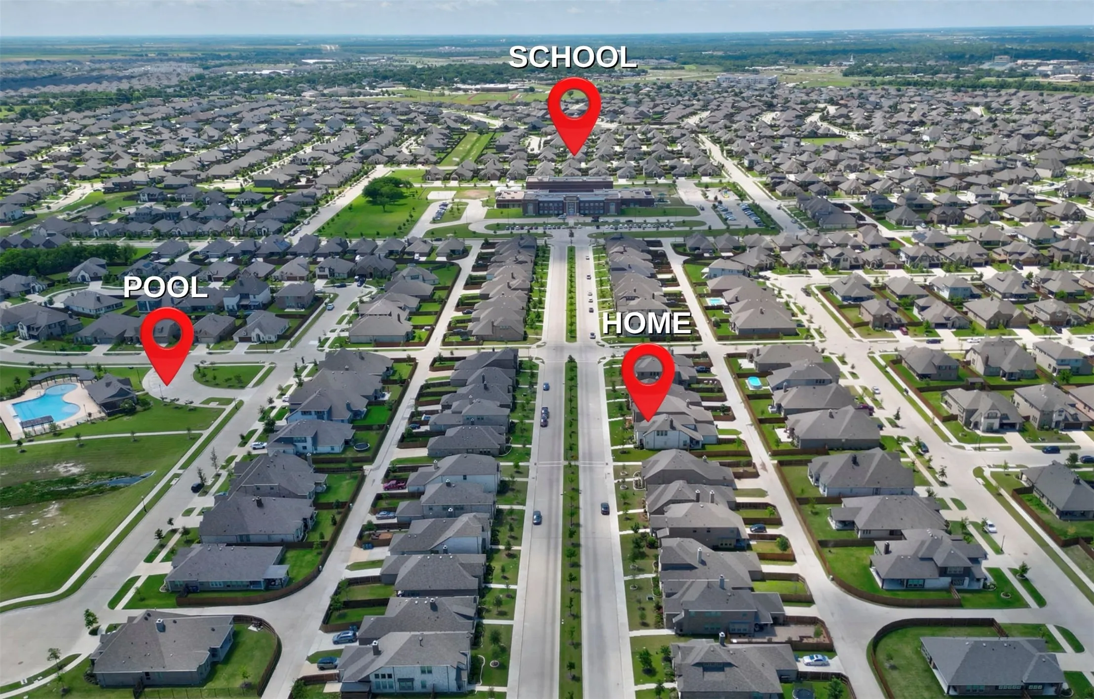 Shows the property's proximity to Max H Simpson Elementary School and community swimming pool