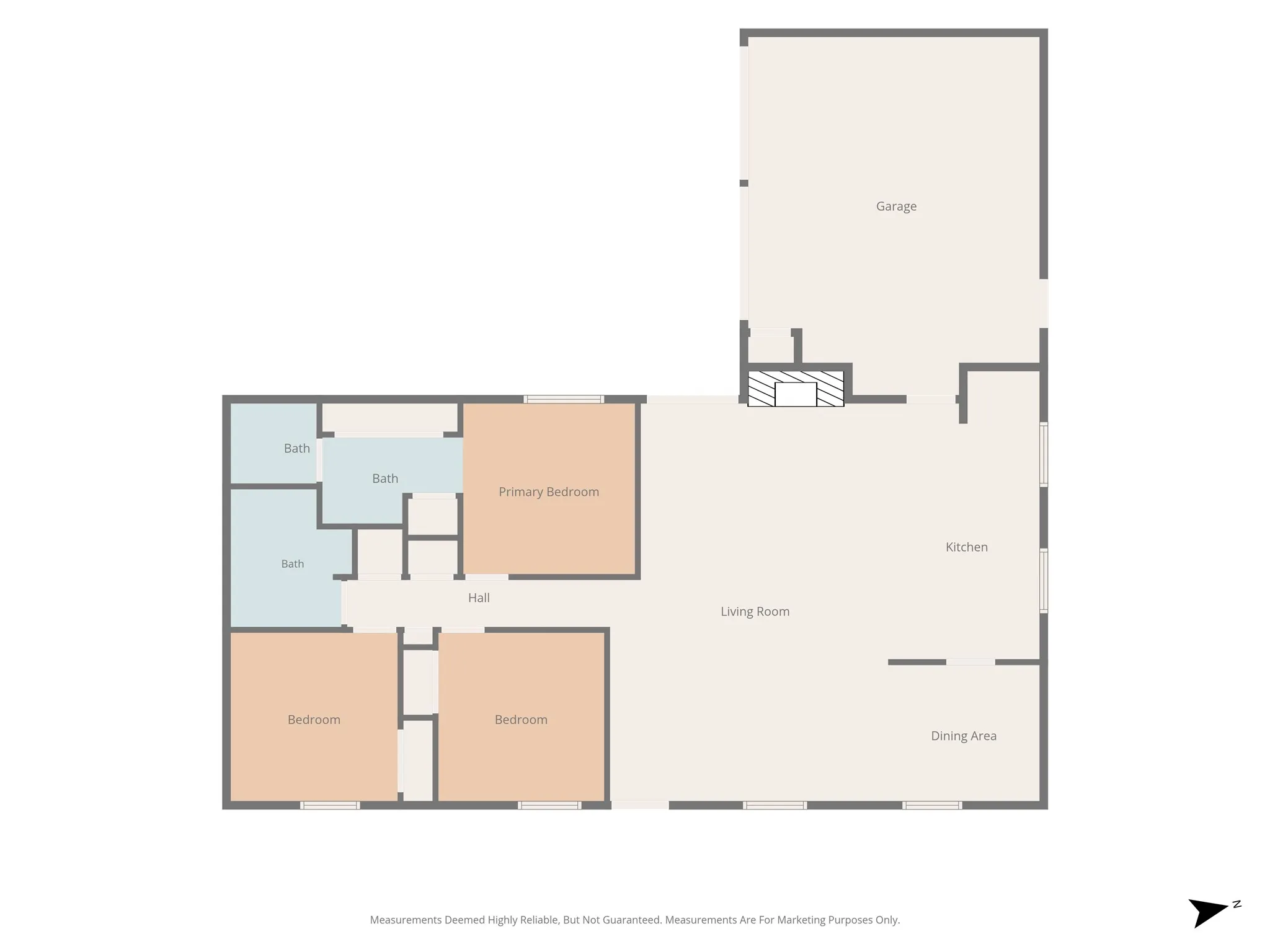 Single-story floor plan showing three bedrooms, two bathrooms, living room, dining area, kitchen, and attached garage at 3702 Hastings Drive