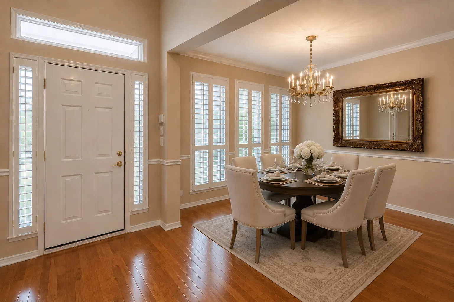 Beautiful space for family meals and entertaining with decorator touches of crystal chandelier and plantation shutters