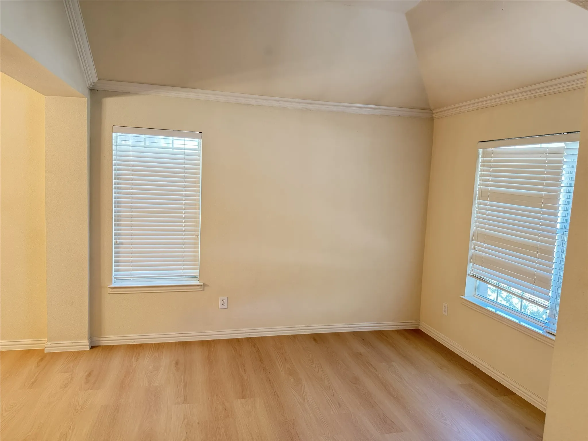 Room featuring vaulted ceilings, wood-finish flooring, and crown molding