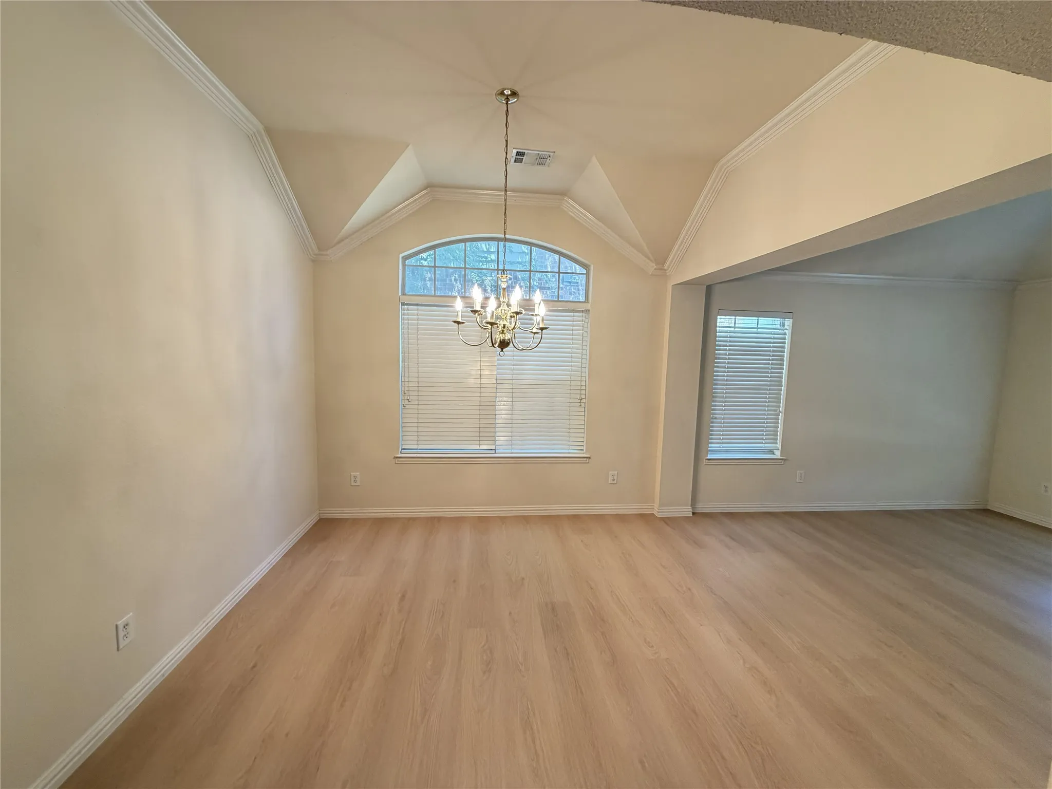 Spacious room featuring wood-finish flooring, a vaulted ceiling, and an arched window with blinds
