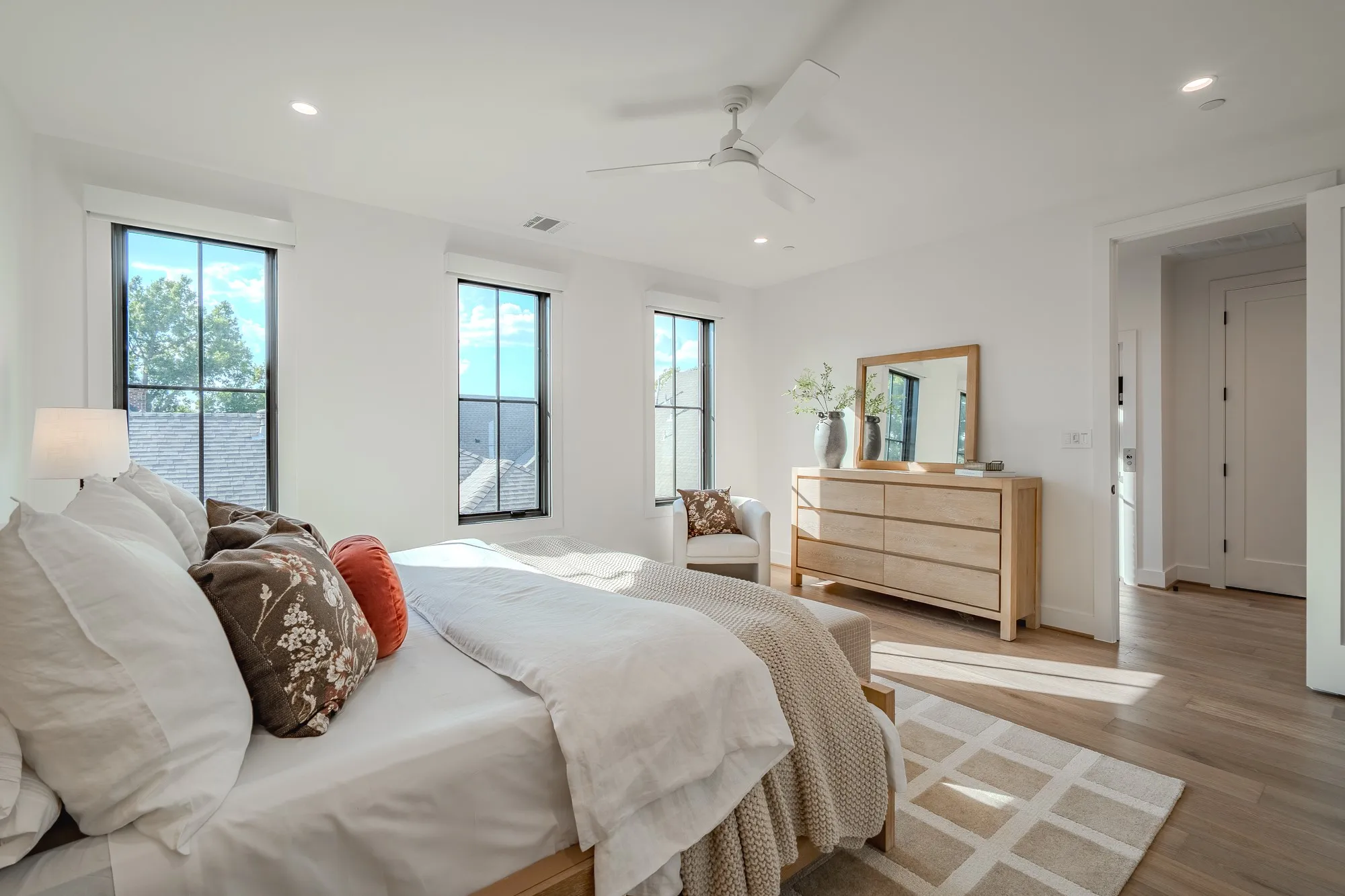 Bedroom with recessed lighting, wood finished floors, and ceiling fan