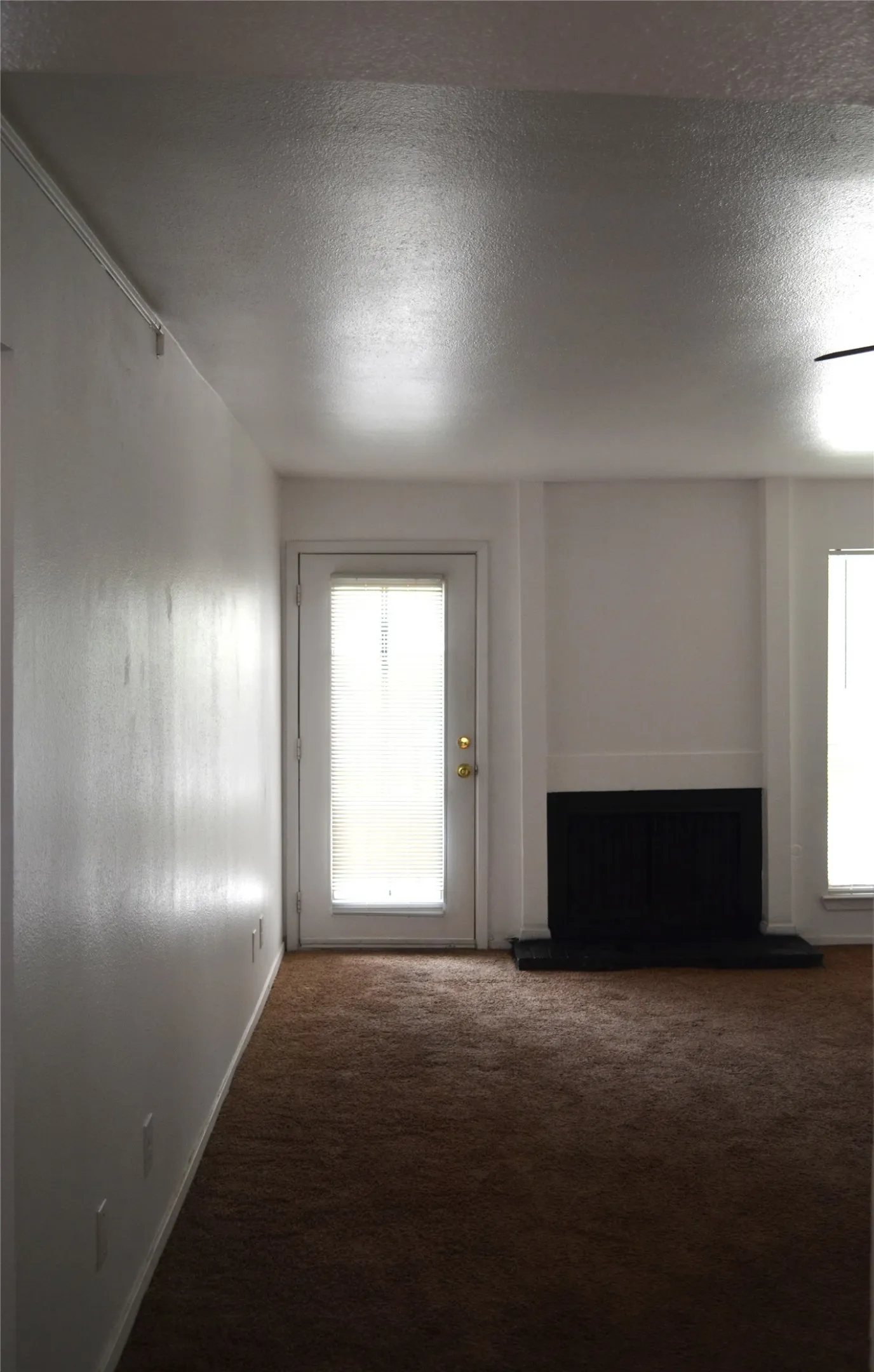 Living area with brown carpeting and white walls