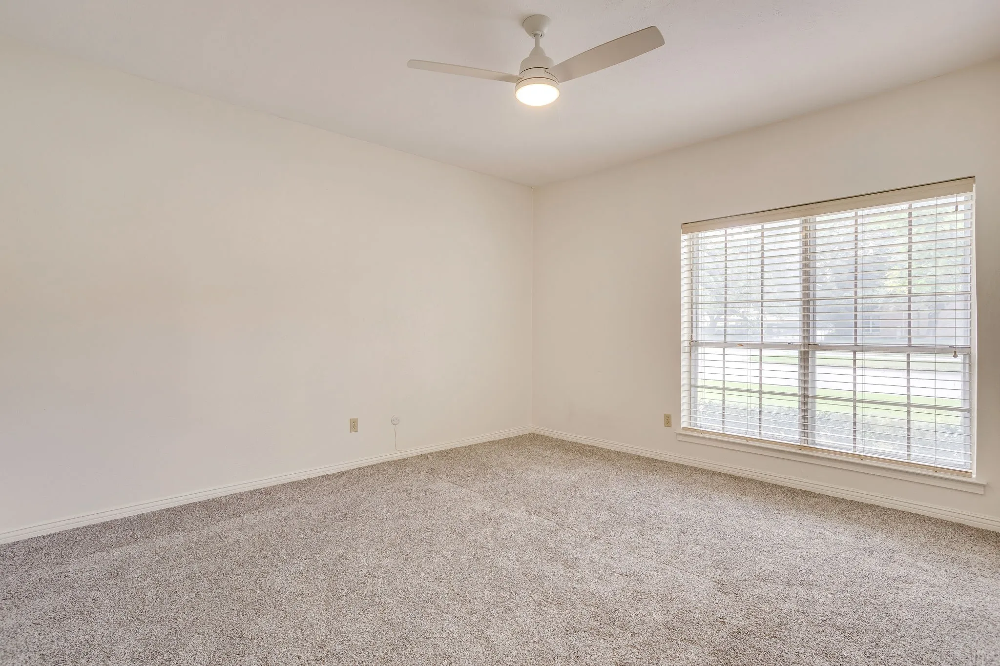 Second bedroom with big windows, new carpet and a wall of closet space!