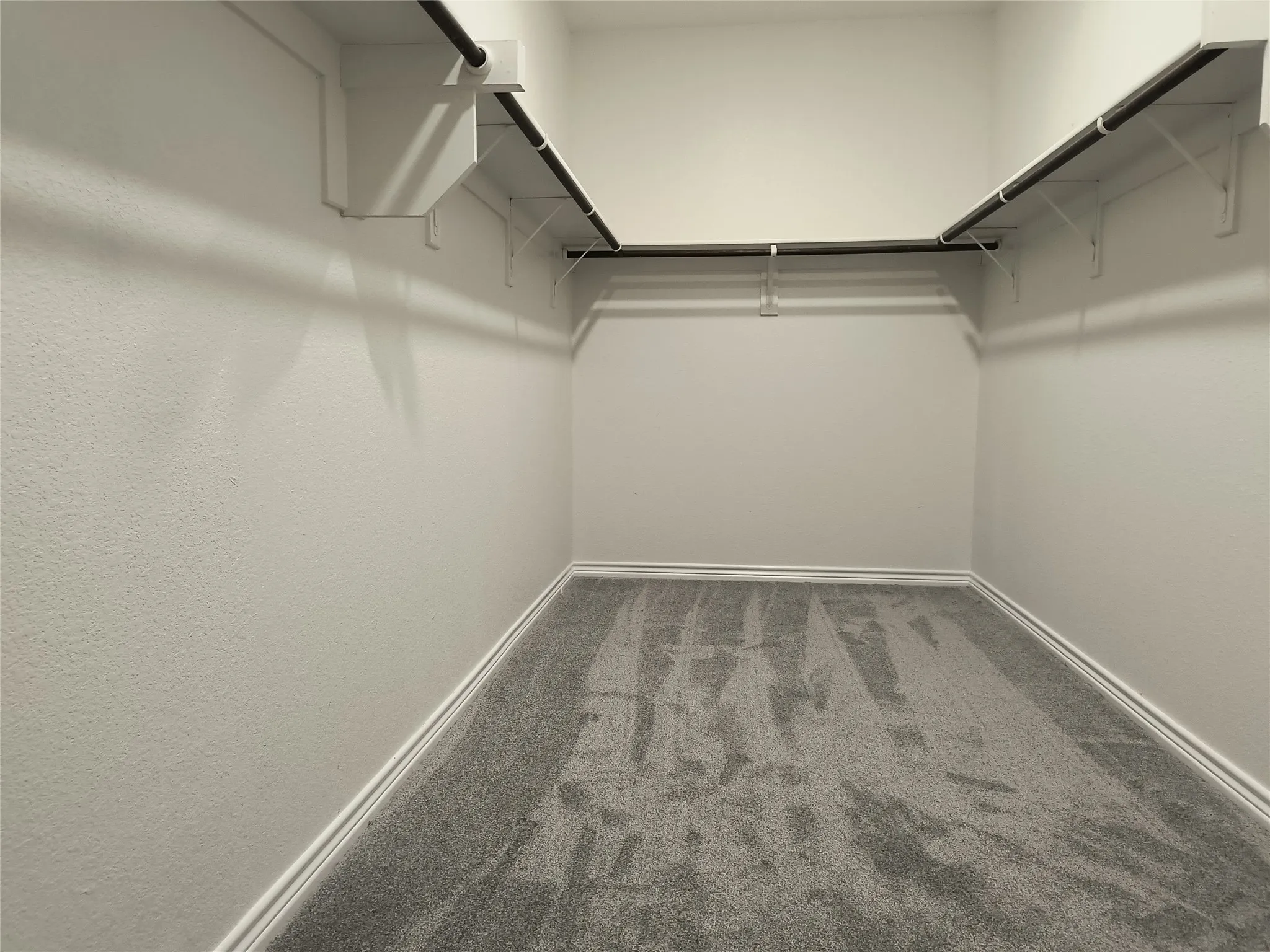 Walk-in closet featuring light gray carpeting, white baseboards, and white textured walls