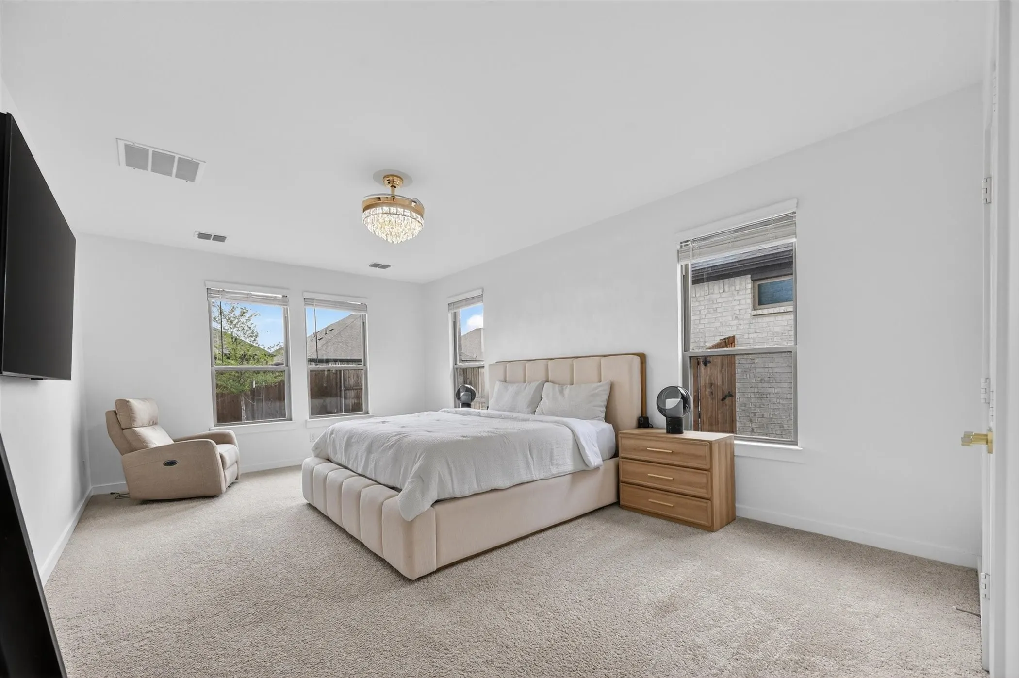 Spacious carpeted room featuring multiple windows with blinds, a ceiling-mounted light fixture, and a wall-mounted television