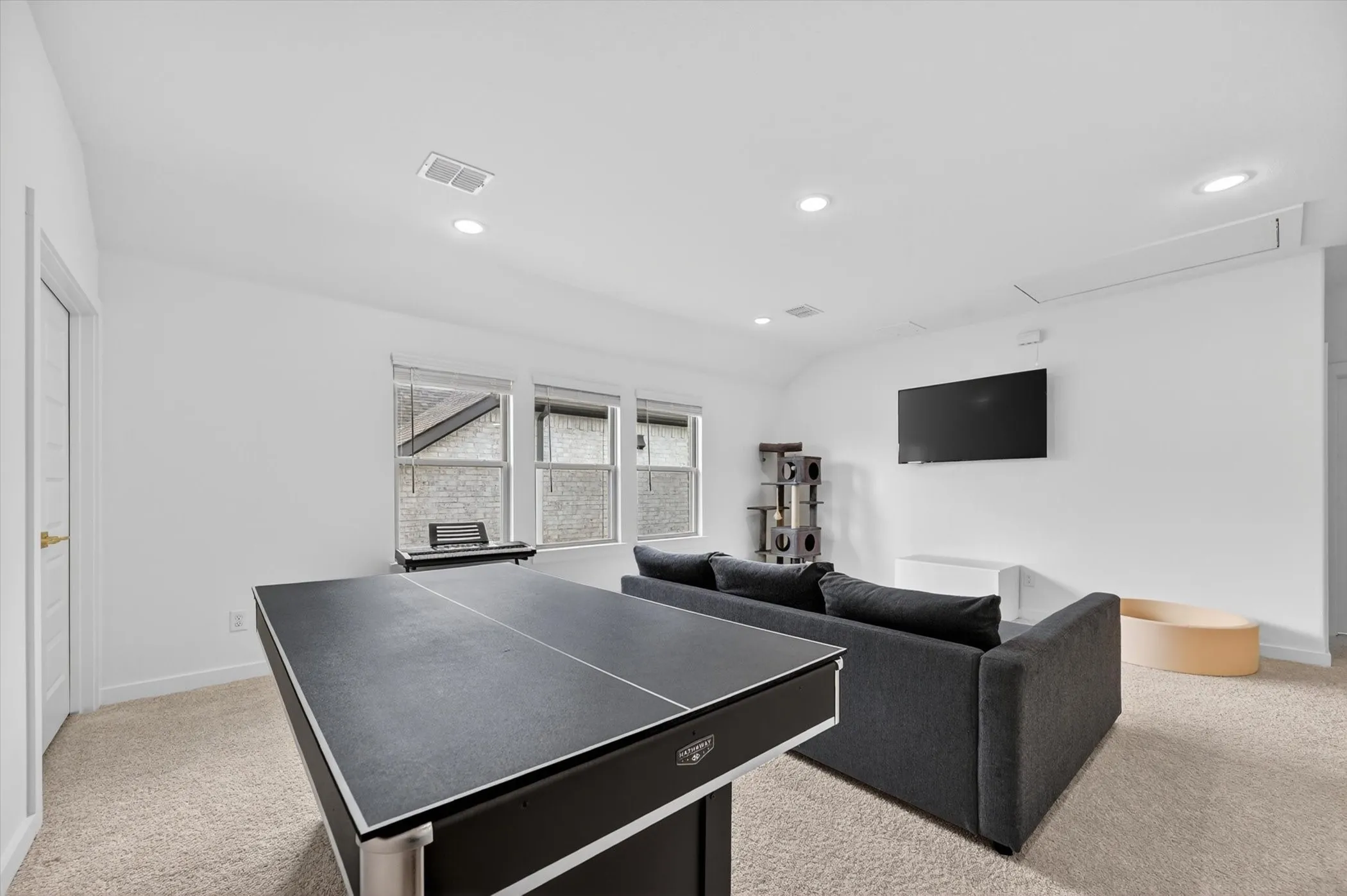 Spacious room featuring neutral carpet flooring and white painted walls
