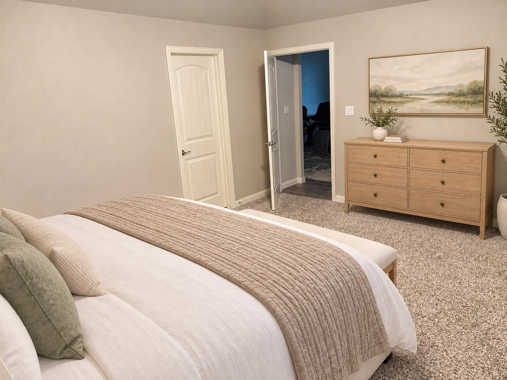 Neutral wall tones, light-colored carpeting, white arched panel door, and white trim