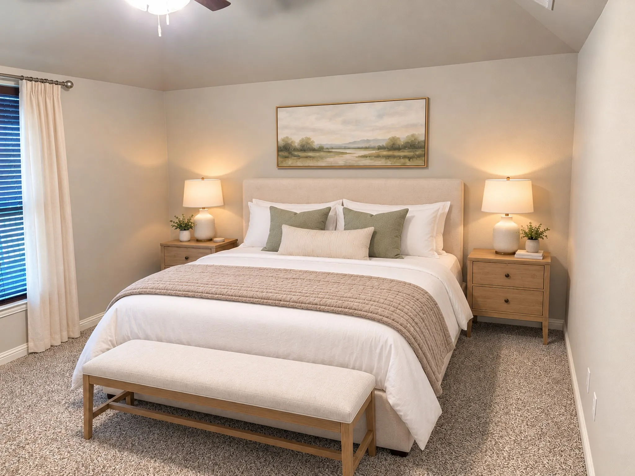 Tray ceiling, ceiling fan, window with blinds, carpet flooring, and upholstered headboard
