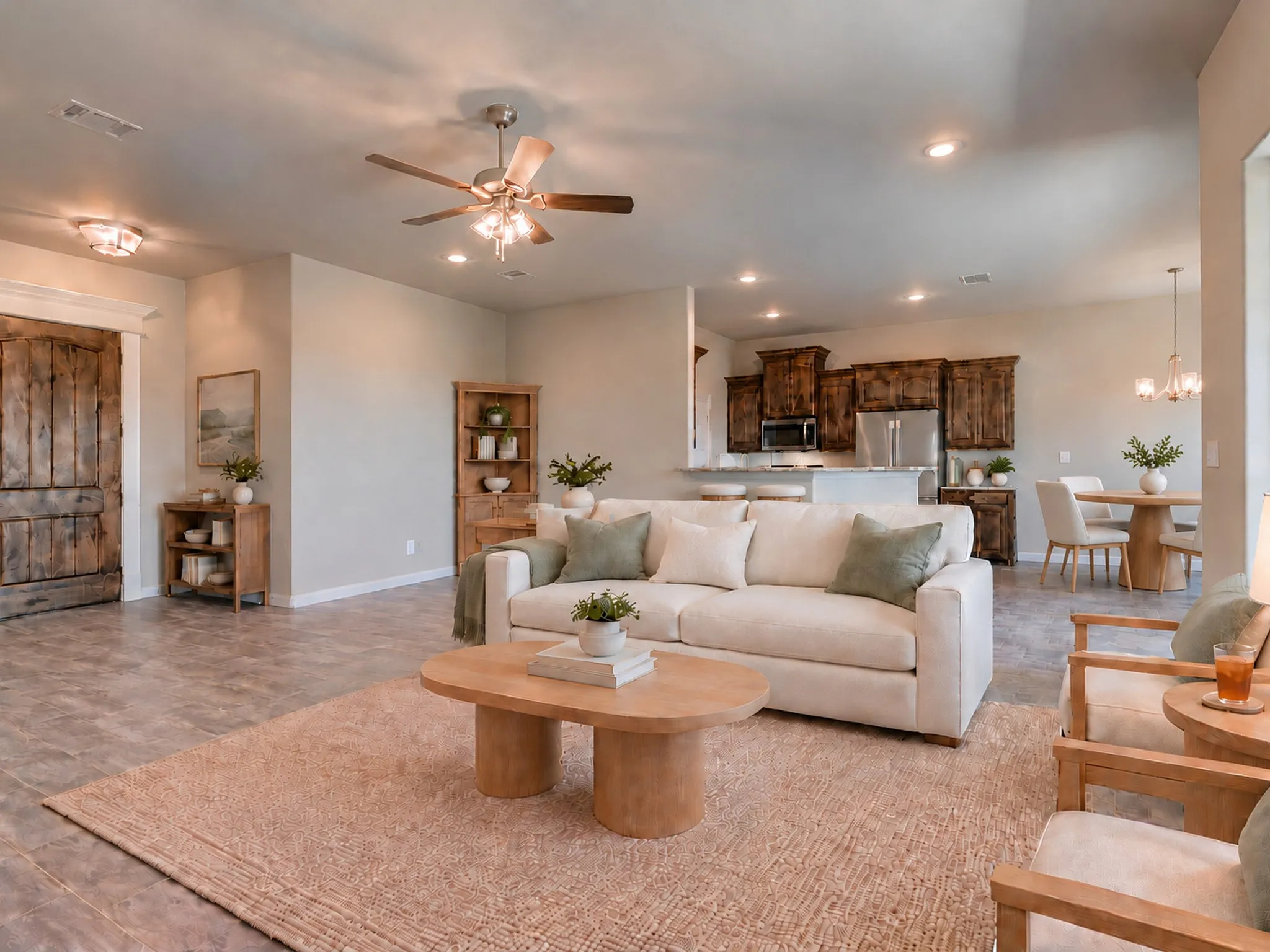 Open-concept living area featuring recessed lighting, a ceiling fan, and wood-finish flooring