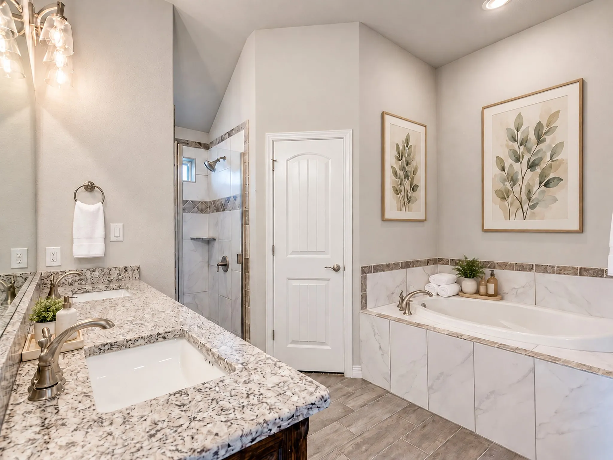 Dual vanity with granite countertops, undermount sinks, and brushed nickel fixtures