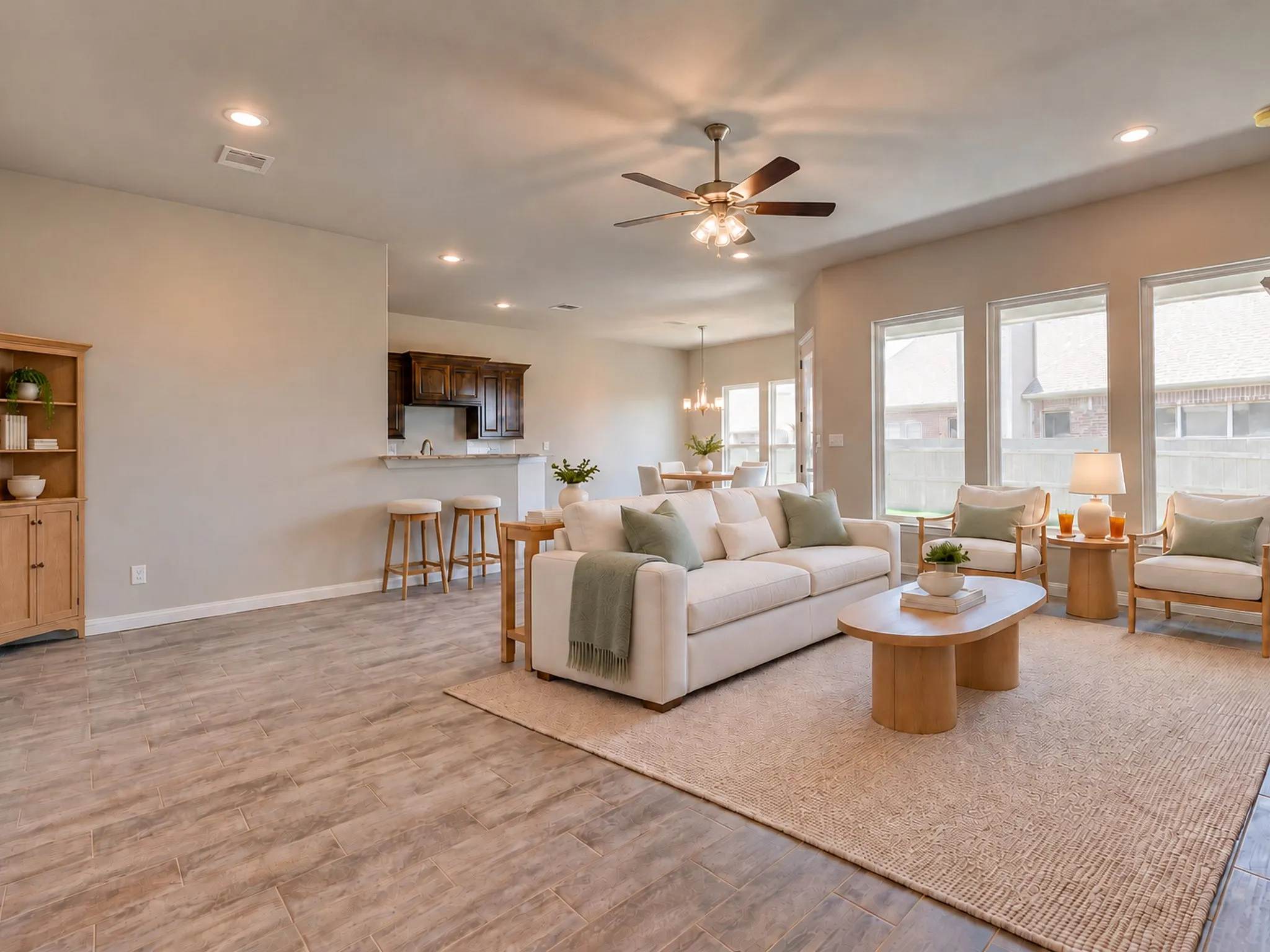 Recessed lighting and a ceiling fan fixture illuminate the living area