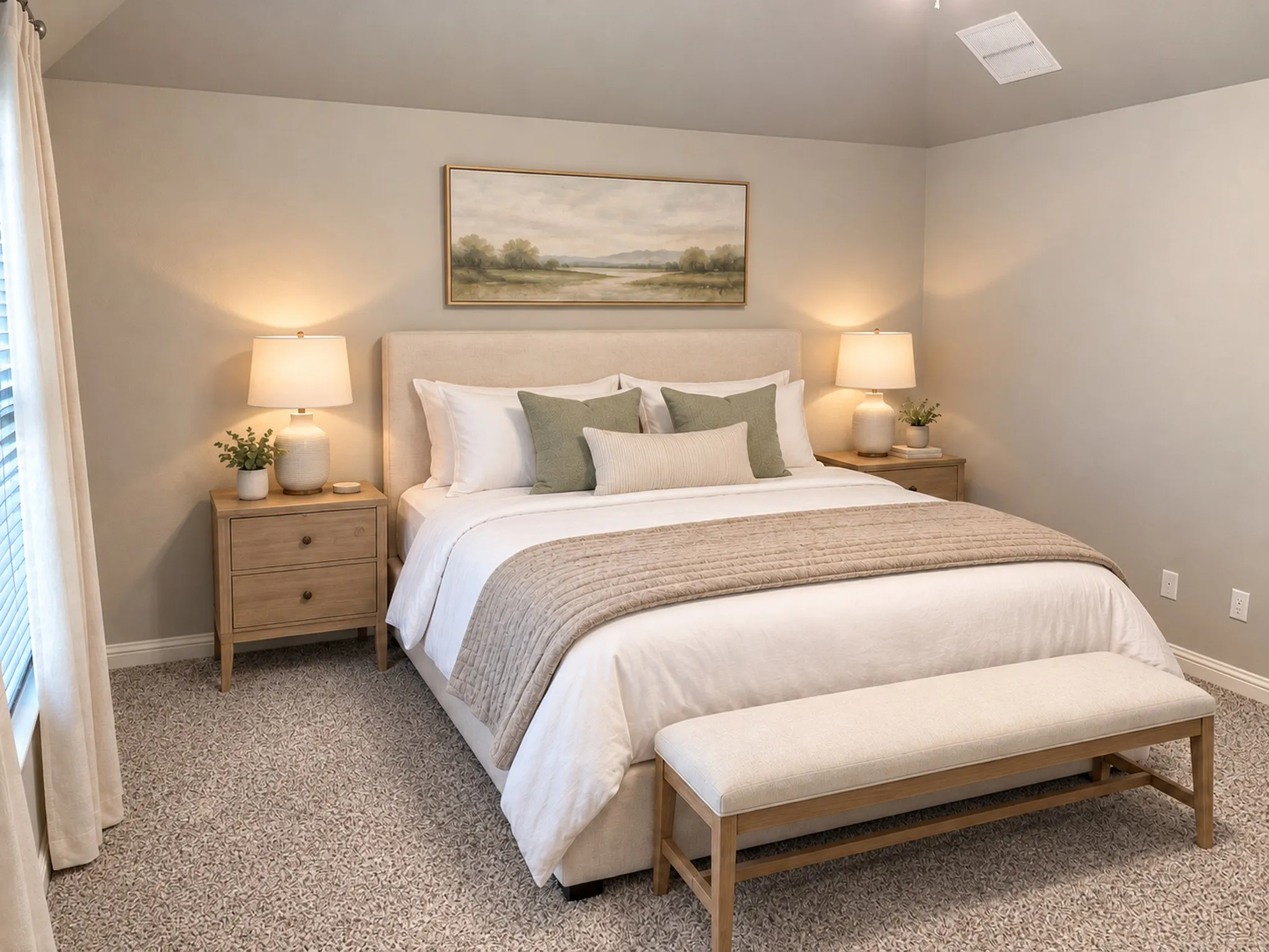 Neutral-toned walls complement the textured carpeting