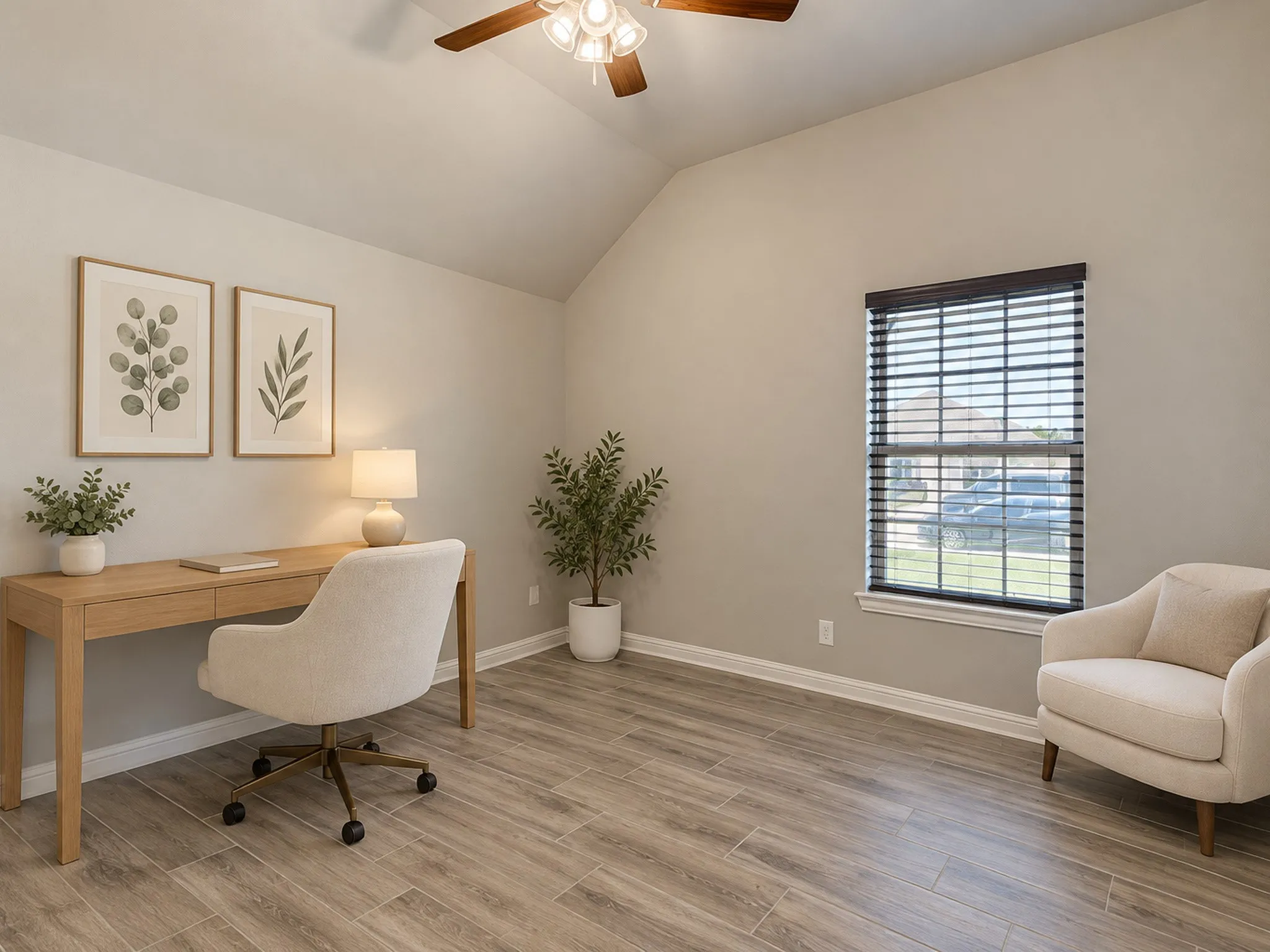 Vaulted ceiling, wood-finish flooring, ceiling fan with light fixture, window with blinds, and neutral wall paint