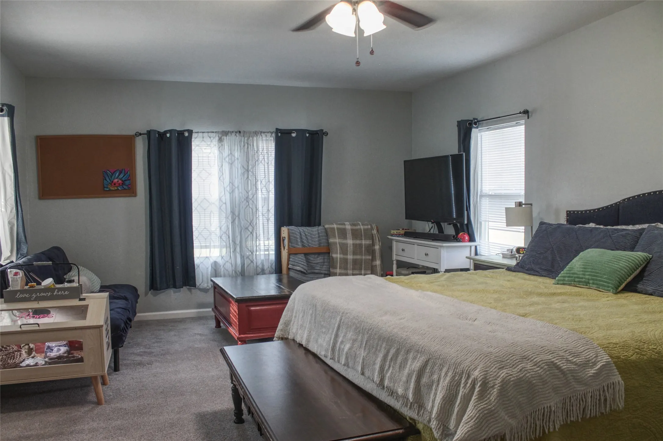 Carpeted room featuring a ceiling fan with light fixture, multiple windows with blinds, and light gray walls