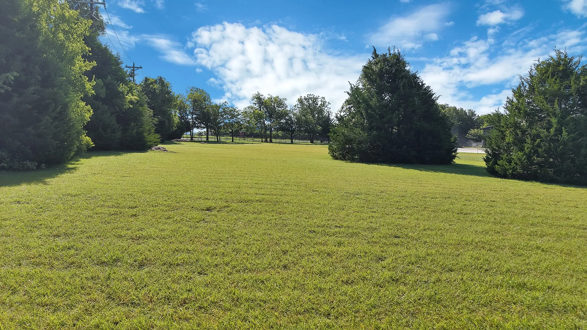 Expansive green lawn with mature trees bordering the property