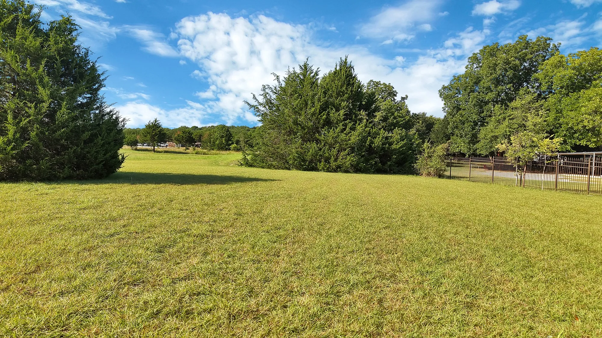 Expansive grassed area featuring mature trees, partial fencing, and distant foliage