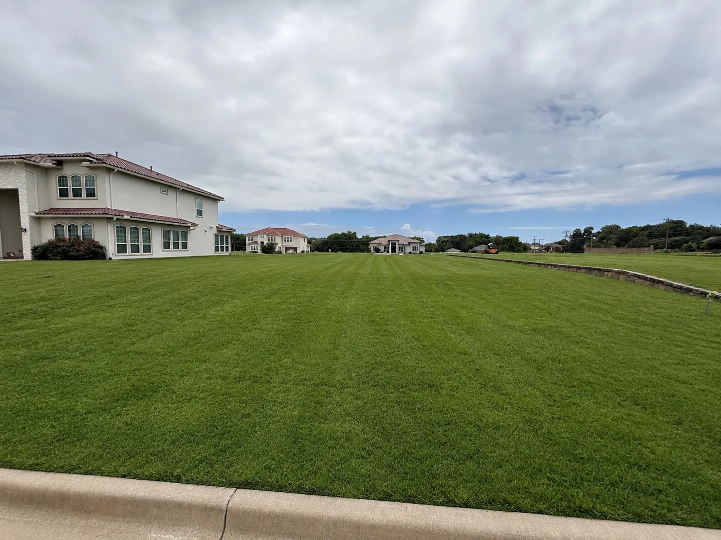 Expansive green lawn with visible mow lines, featuring a concrete curb border