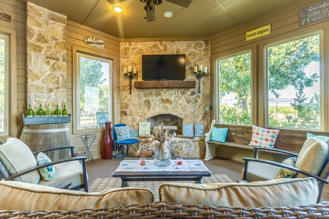Enclosed Porch with Rock Fireplace for Cool TX Nights
