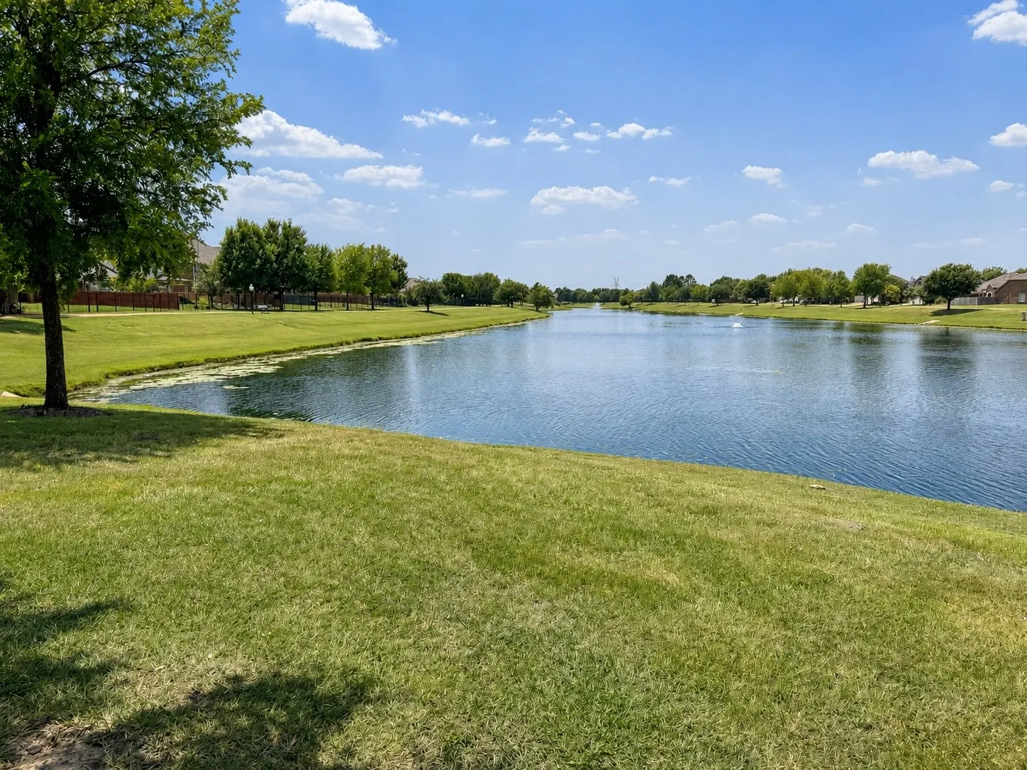 The greenspace includes a large pond with trails that wrap around it