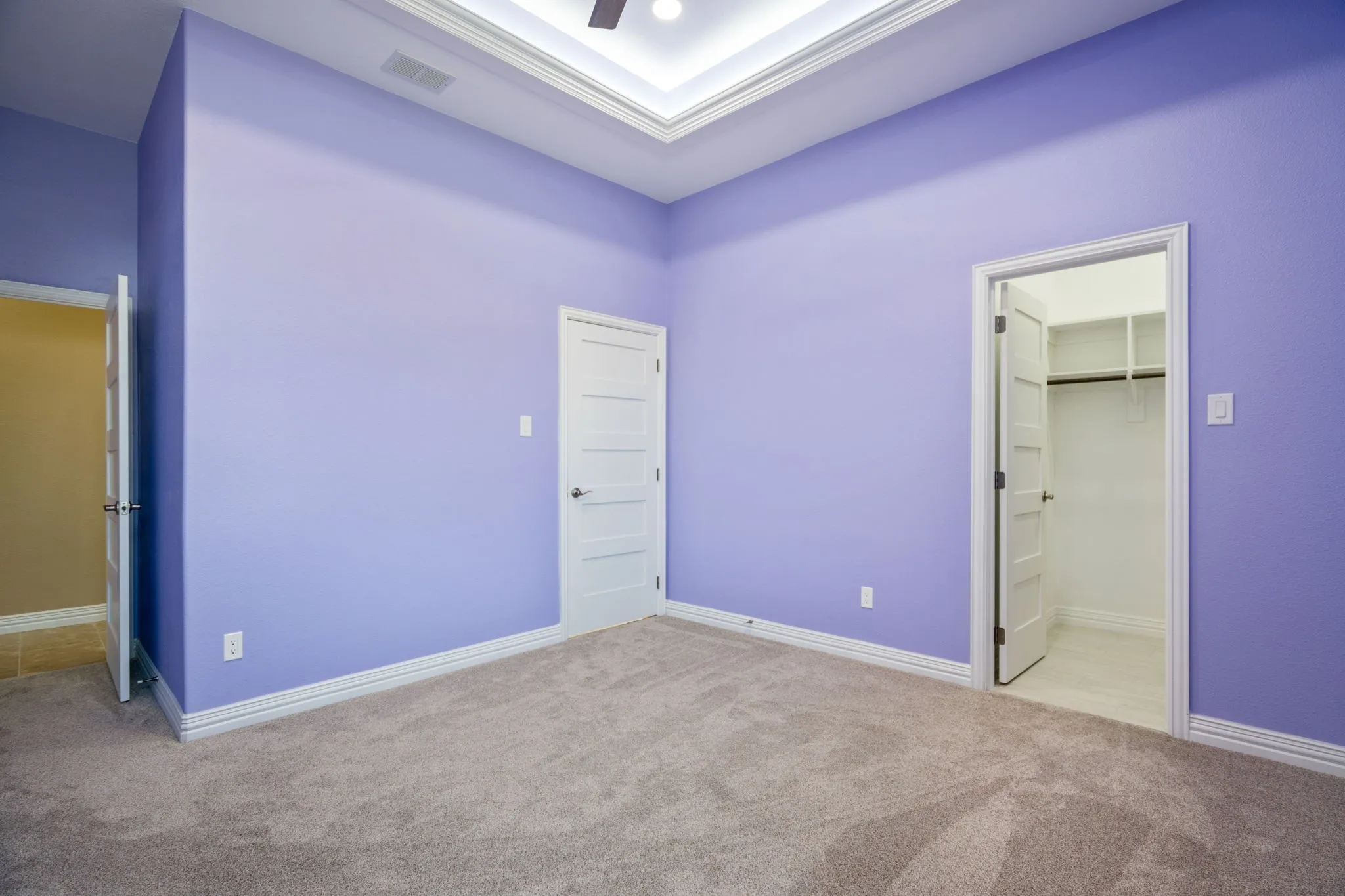 Spacious room featuring a tray ceiling with recessed lighting, plush carpet flooring, and white baseboards