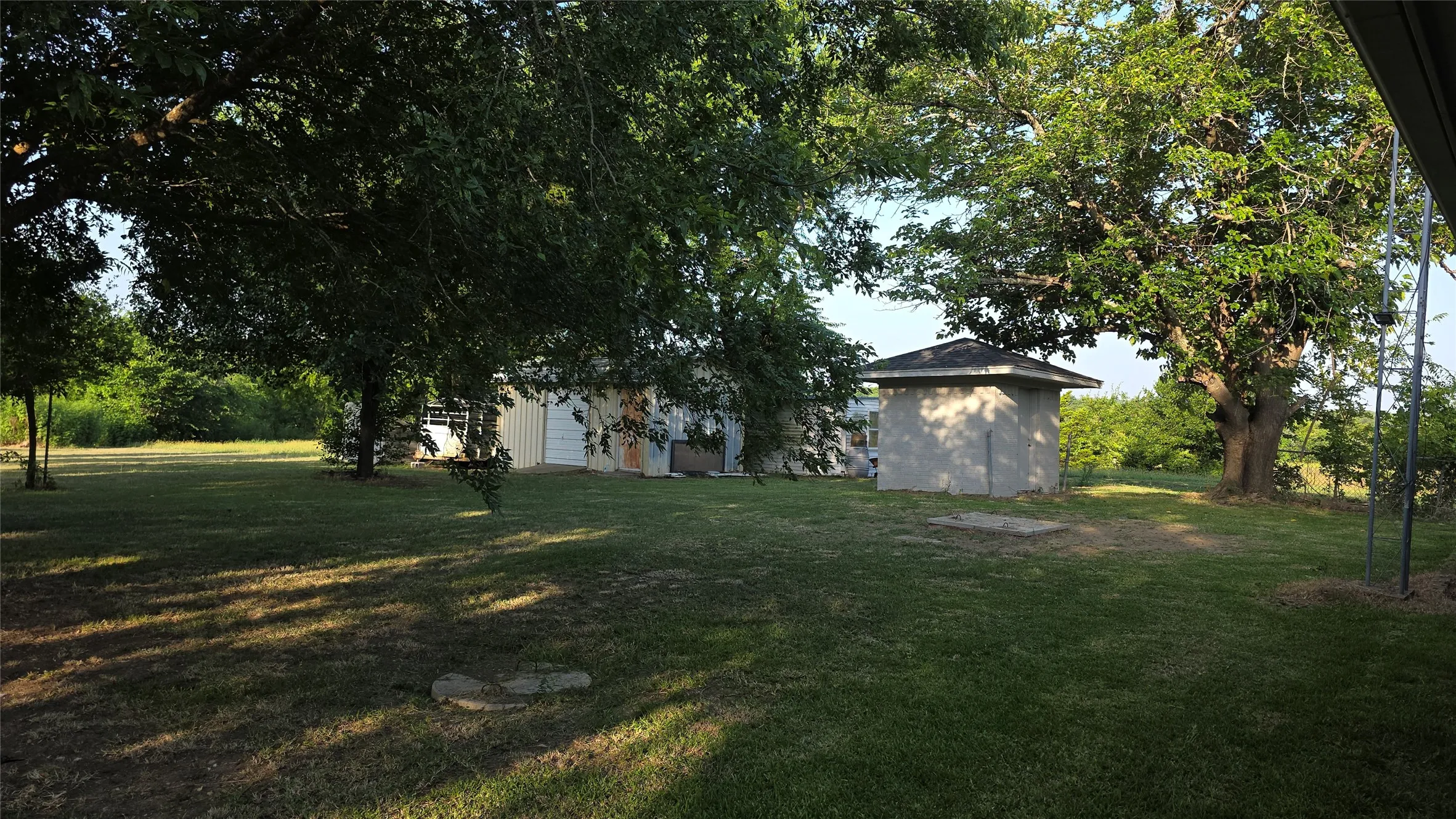 Storage buildings in shaded back yard