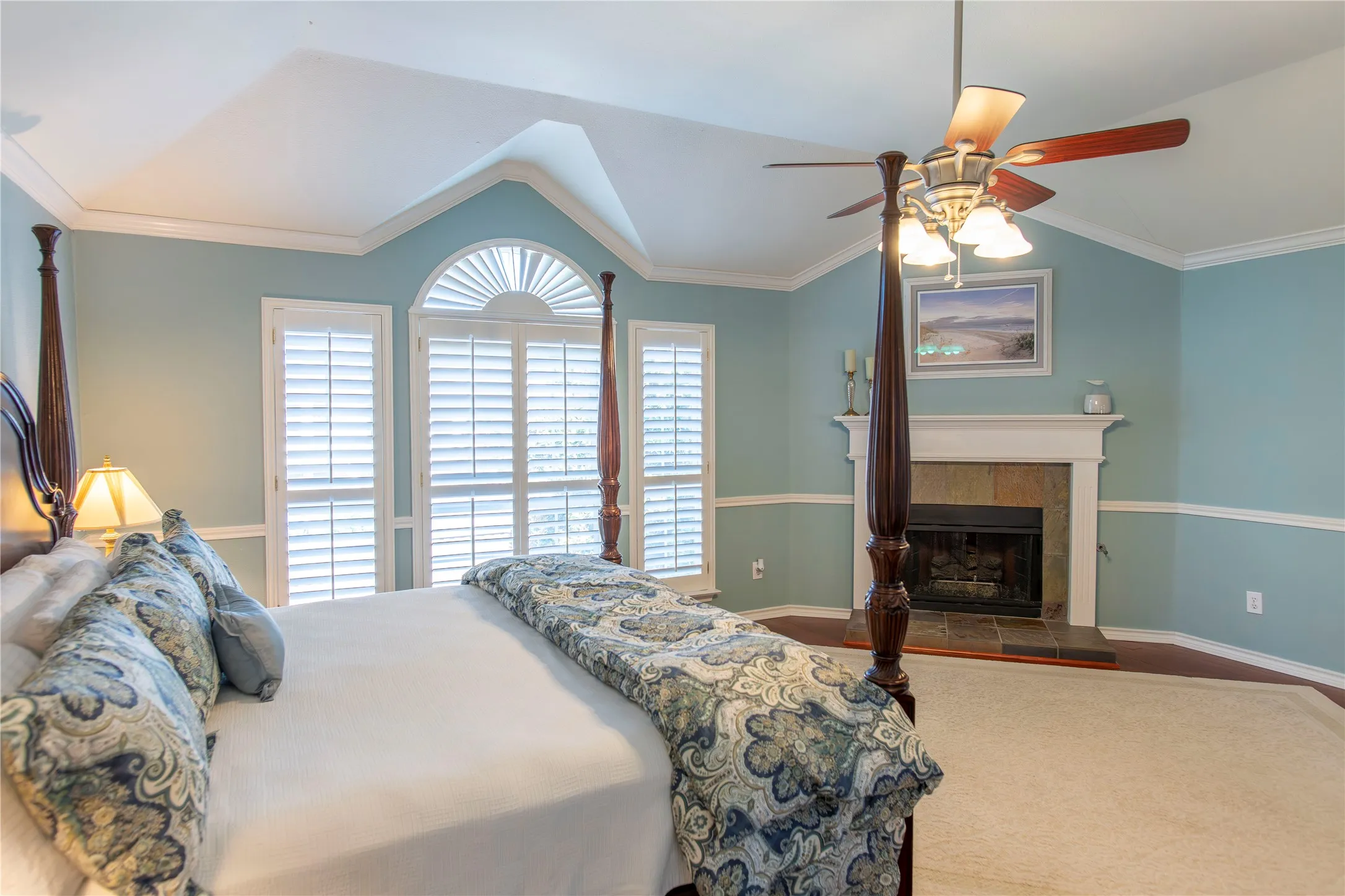 Oversized primary bedroom with fire place