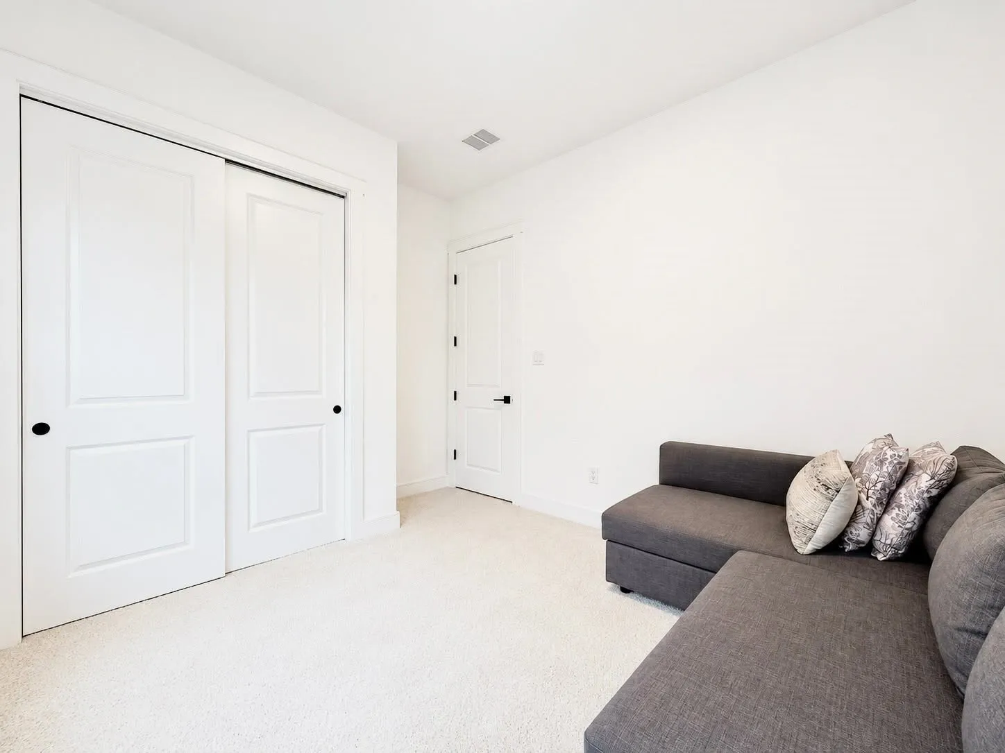 Bright interior space featuring light-colored carpeting, white walls, and a white sliding closet door with black hardware