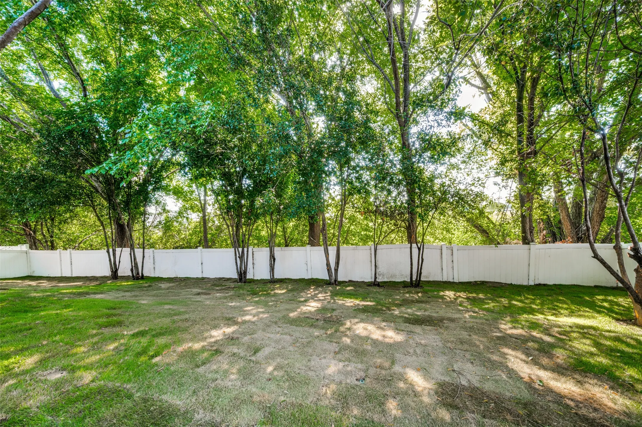Spacious backyard featuring a white privacy fence, mature trees, and a combination of manicured lawn and natural ground cover