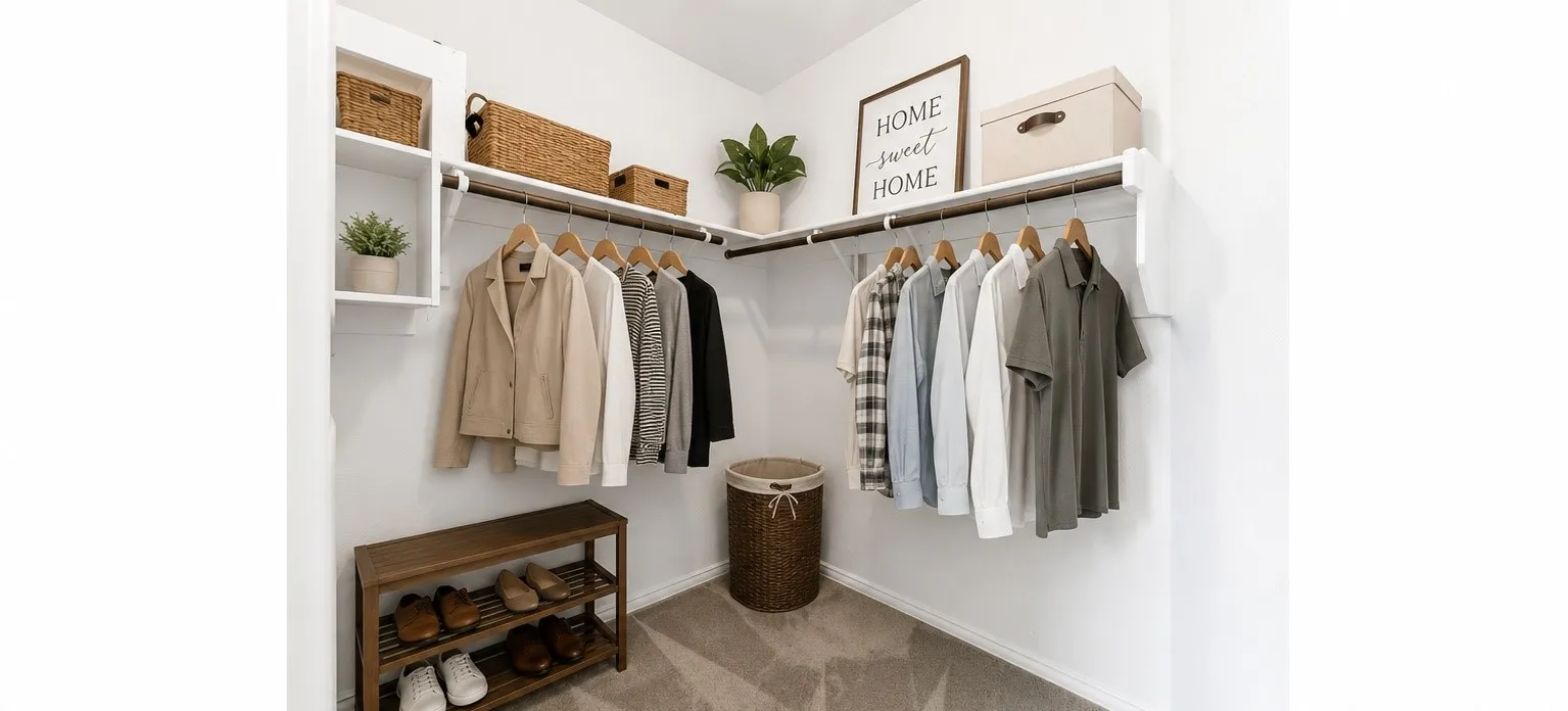 Spacious walk-in closet with generous hanging space on two sides and an upper shelf providing additional storage for baskets, boxes, and seasonal items. The open layout offers plenty of room to organize clothing, shoes, and accessories while keeping everyday essentials easily accessible.Photo has been virtually staged to illustrate storage and organization possibilities.