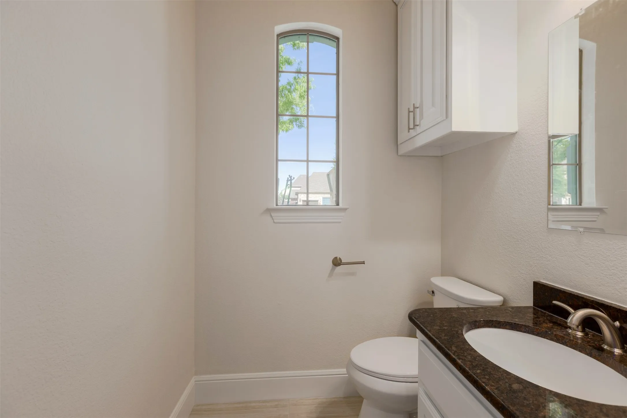 Half bathroom featuring vanity, plenty of natural light, and a textured wall
