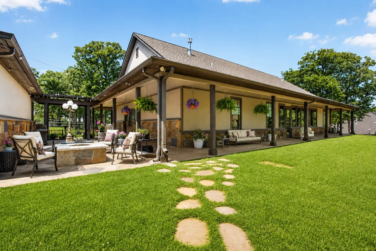 Amazing covered back porch and courtyard with Propane fire pit