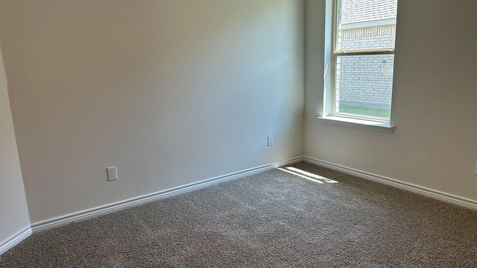 Neutral wall color with white trim, a double-hung window, and carpet flooring