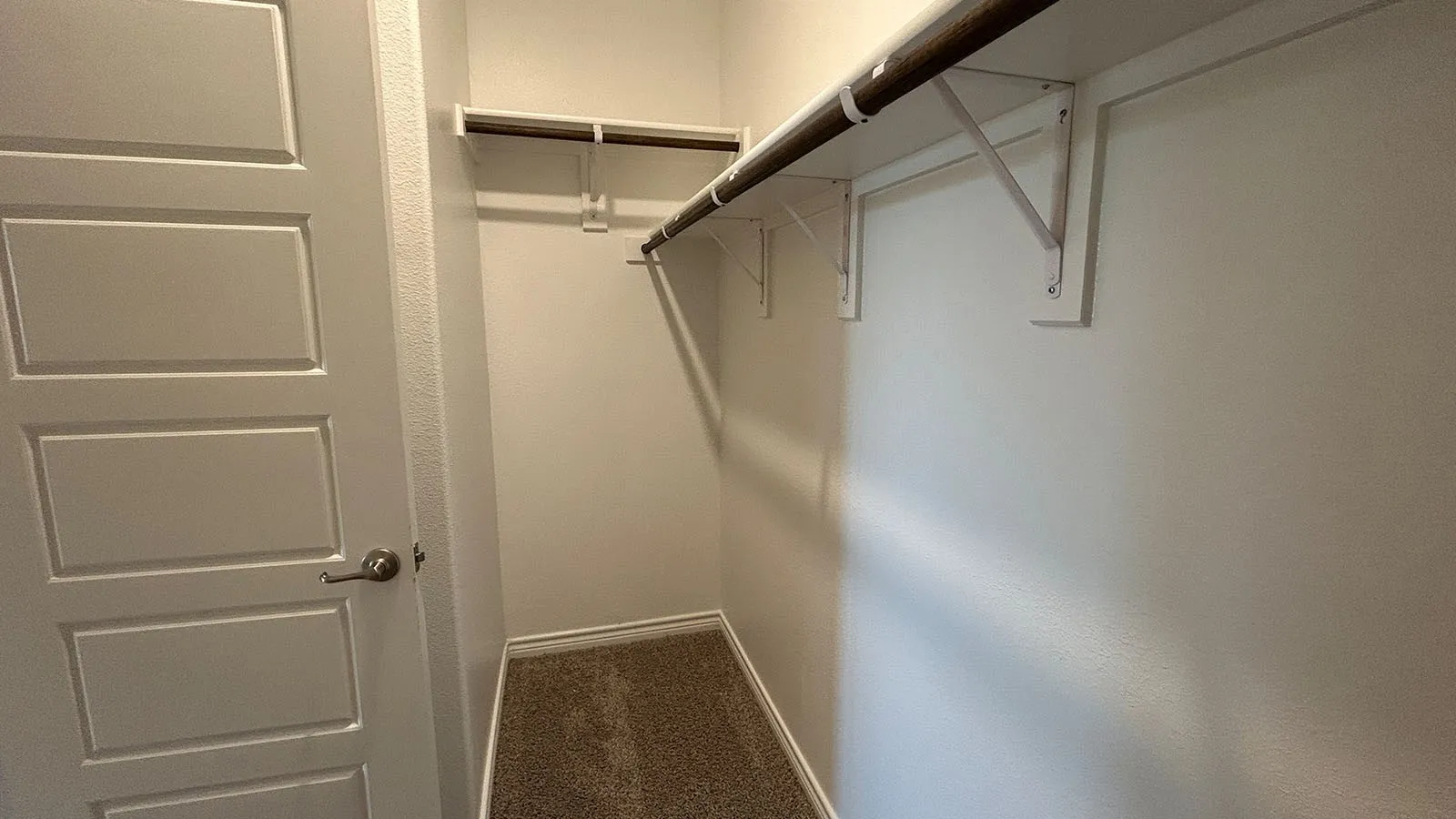 Walk-in closet featuring plush carpet flooring, a multi-paneled door with brushed nickel hardware, and built-in shelving with hanging rods